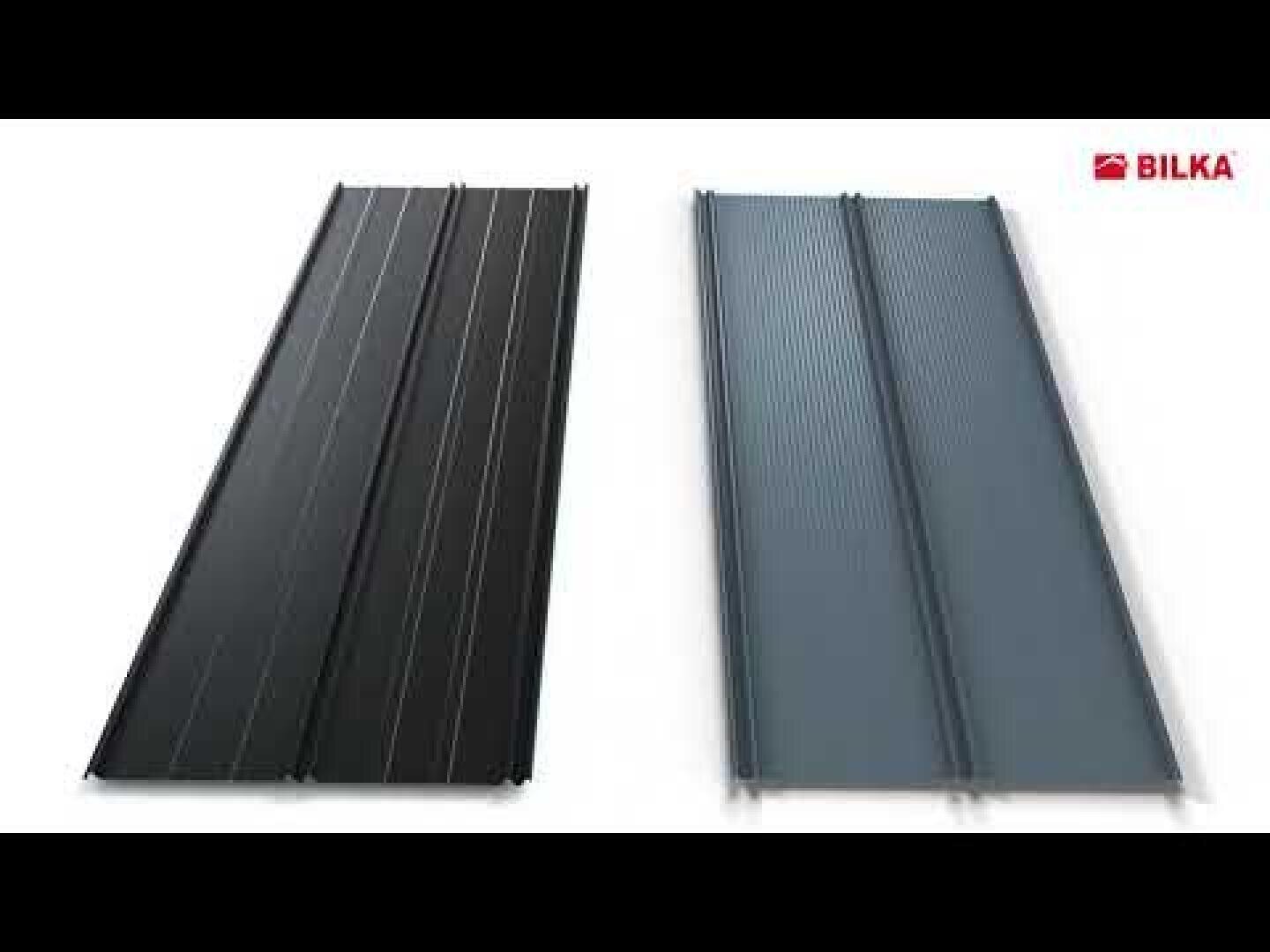 Zwei Dachbleche in schwarzer und grauer Farbe sind nebeneinander auf einem weißen Hintergrund abgebildet. Das BILKA-Logo ist in der oberen rechten Ecke zu sehen.