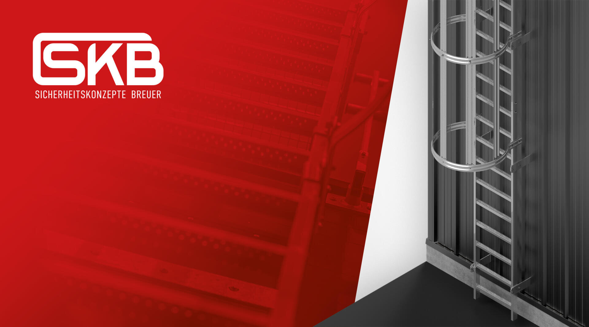 Eine Metall-Sicherheitsleiter mit runden Sicherheitsbügeln ist an einem Gebäude befestigt; links ist eine rote Überlagerung mit dem weißen SKB-Logo und dem Text Sicherheitskonzepte Breuer zu sehen.