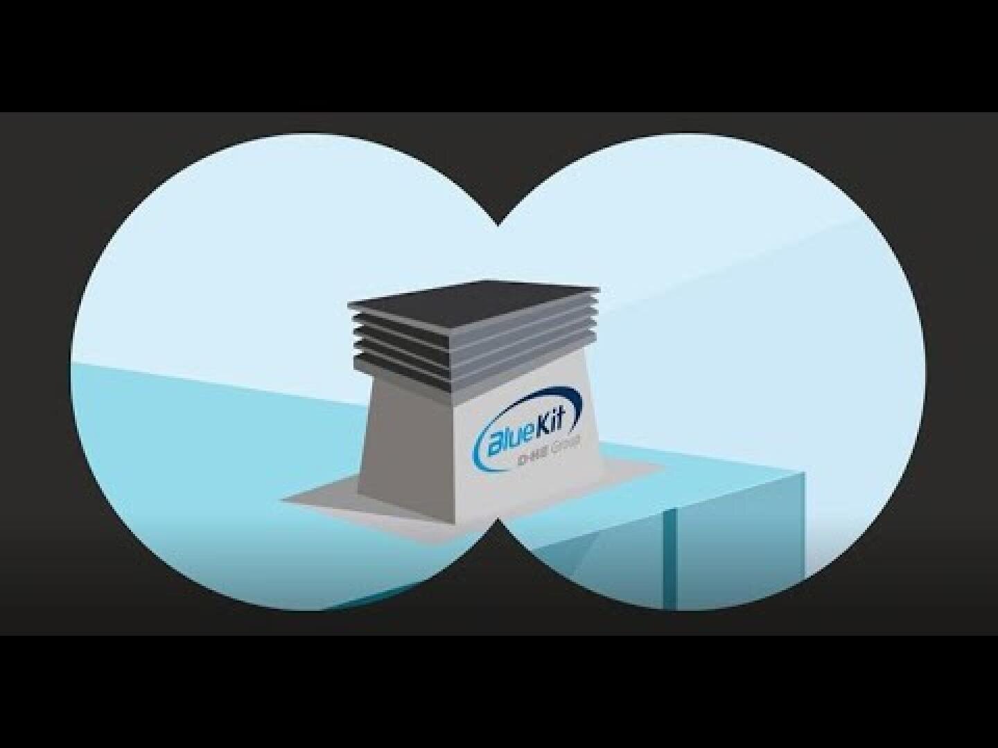 Illustration of a building viewed through binoculars. The building has a Bluekit logo on the side and a dark, layered roof against a light blue background.