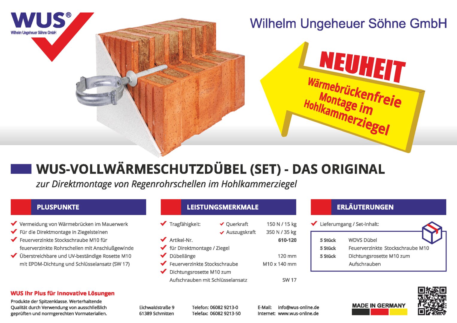 Eine Anzeige für das WUS-Vollwärmedämmdübel-Set zeigt eine an einer Ziegelwand befestigte Metallrohrschelle und betont die wärmebrückenfreie Montage. Enthält wichtige Merkmale, Leistungsdaten und Unternehmensinformationen.