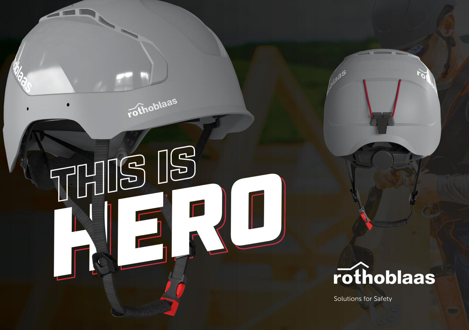Nahaufnahme eines grauen Schutzhelms mit dem rothoblaas-Logo, dargestellt von der Seite und von hinten. Der fettgedruckte Text lautet THIS IS HERO. Das rothoblaas-Logo und der Slogan Solutions for Safety erscheinen unten rechts.