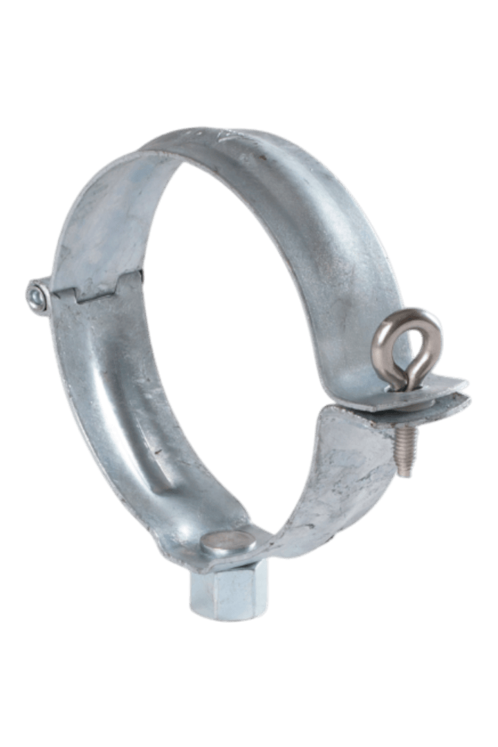 Eine Metallrohrschelle mit runder Form, die mit einer Schraube und einem Bolzen zum Festziehen und Sichern um ein Rohr oder einen Schlauch herum ausgestattet ist.