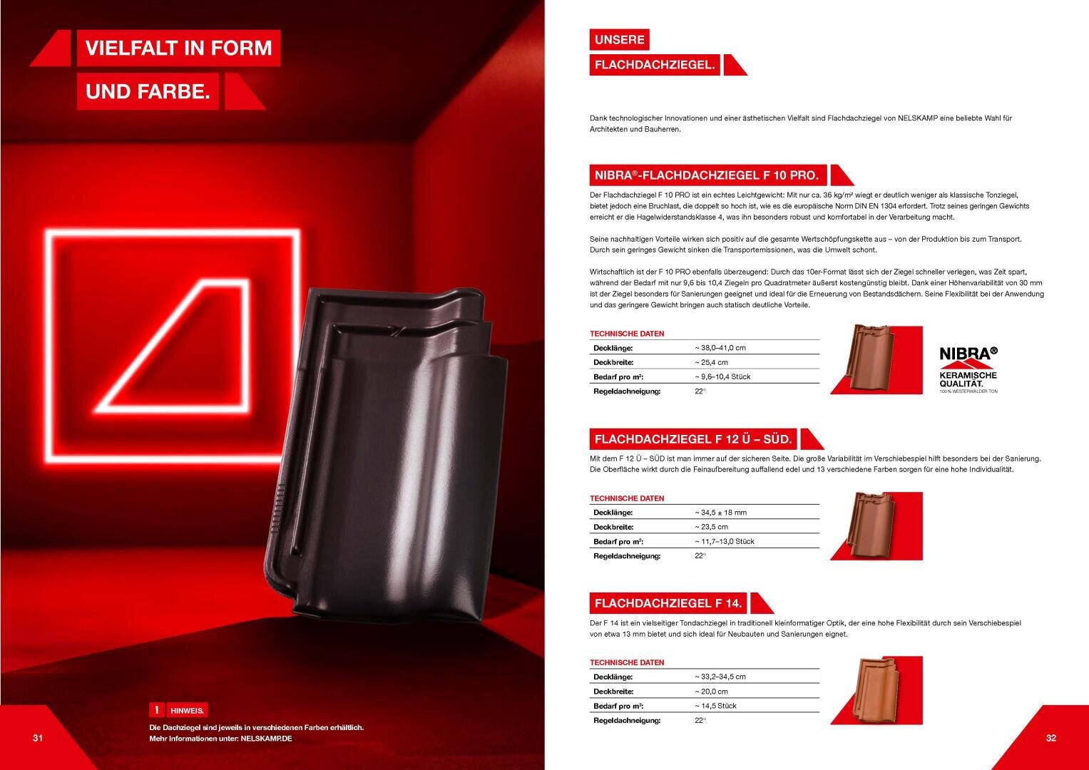 A German product catalog page for roof tiles shows a large black roof tile on a red background, product details, technical data tables, and descriptions for several flat roof tile models.