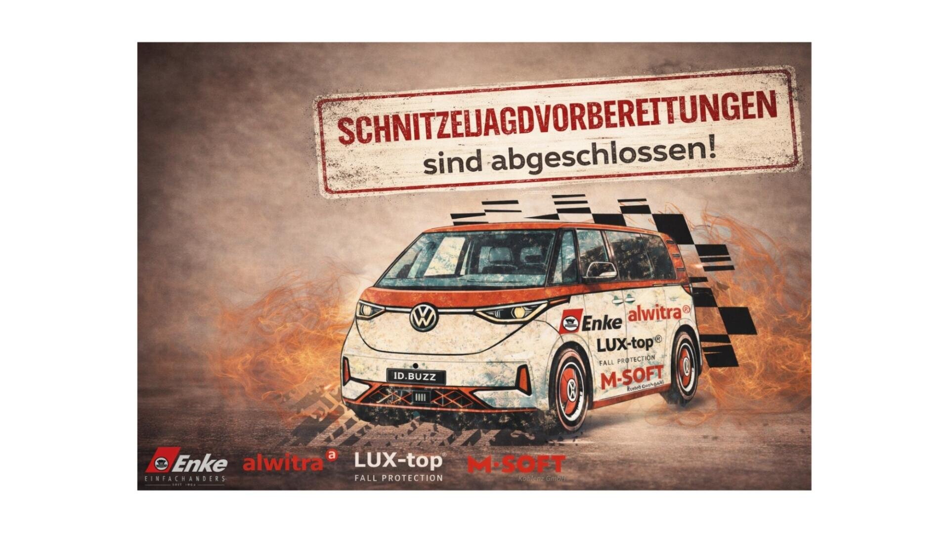 Ein stilisierter Volkswagen Transporter mit verschiedenen Sponsorenlogos ist auf einem braunen, strukturierten Hintergrund zu sehen. Darüber ist ein Schild mit der Aufschrift "SCHNITZELJAGDVORBEREITUNGEN sind abgeschlossen!.