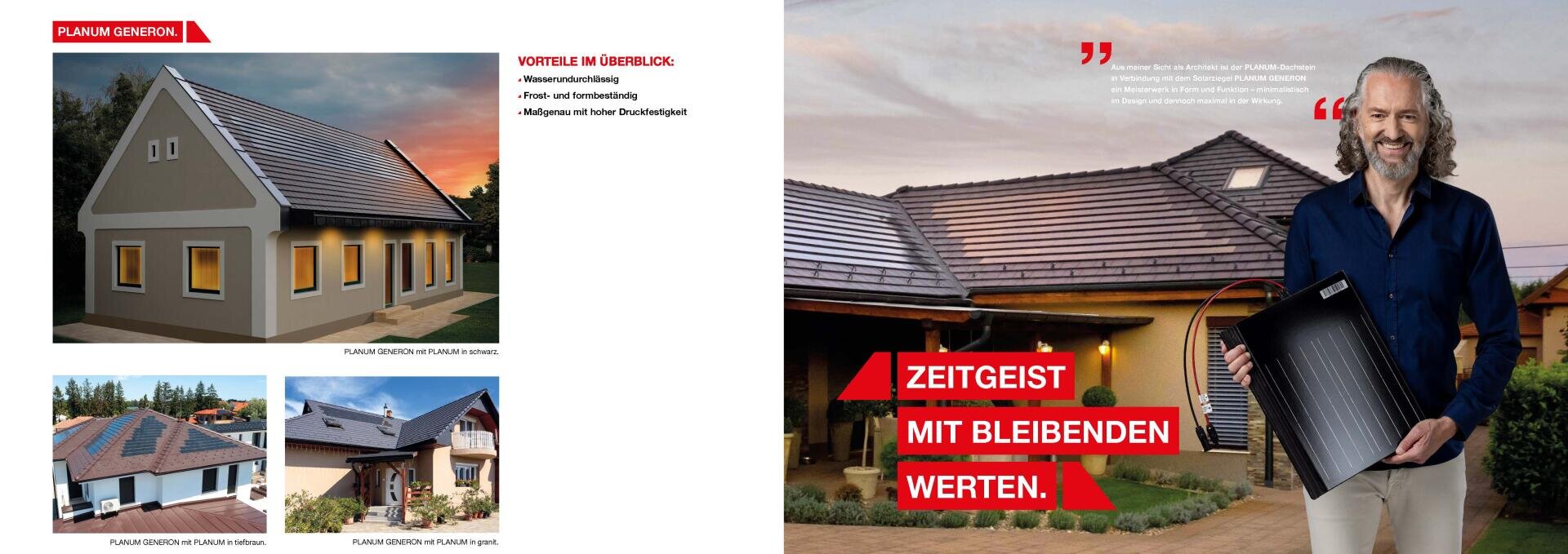 A man with gray hair holds a black solar roof tile and smiles in front of a house with solar tiles. Smaller pictures show other houses with similar solar roofs. Red and white text highlights the product benefits in German.