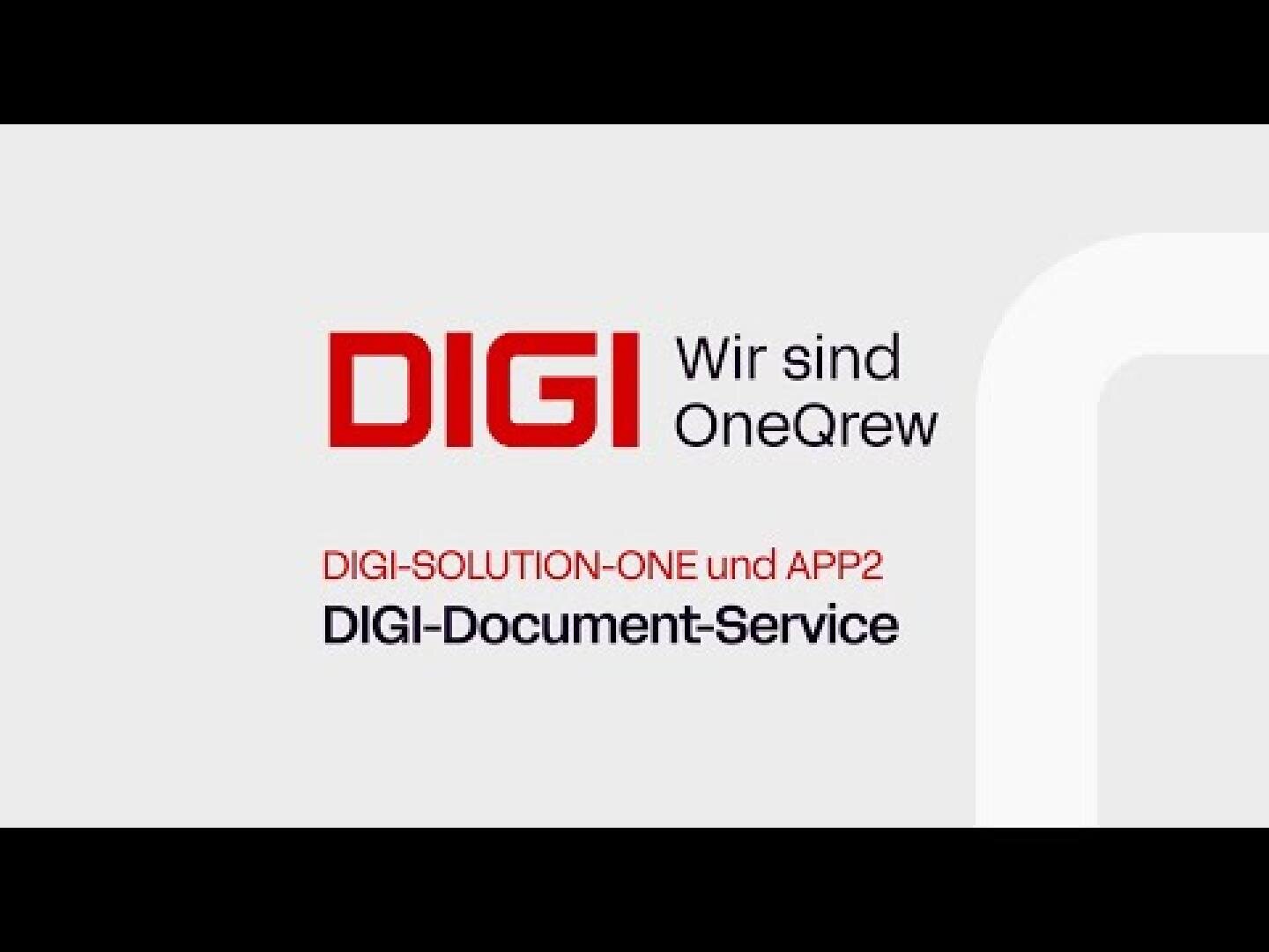 A presentation slide with the text DIGI We are OneQrew, DIGI-SOLUTION-ONE and APP2, and DIGI-Document-Service on a gray and white background with red and black text.