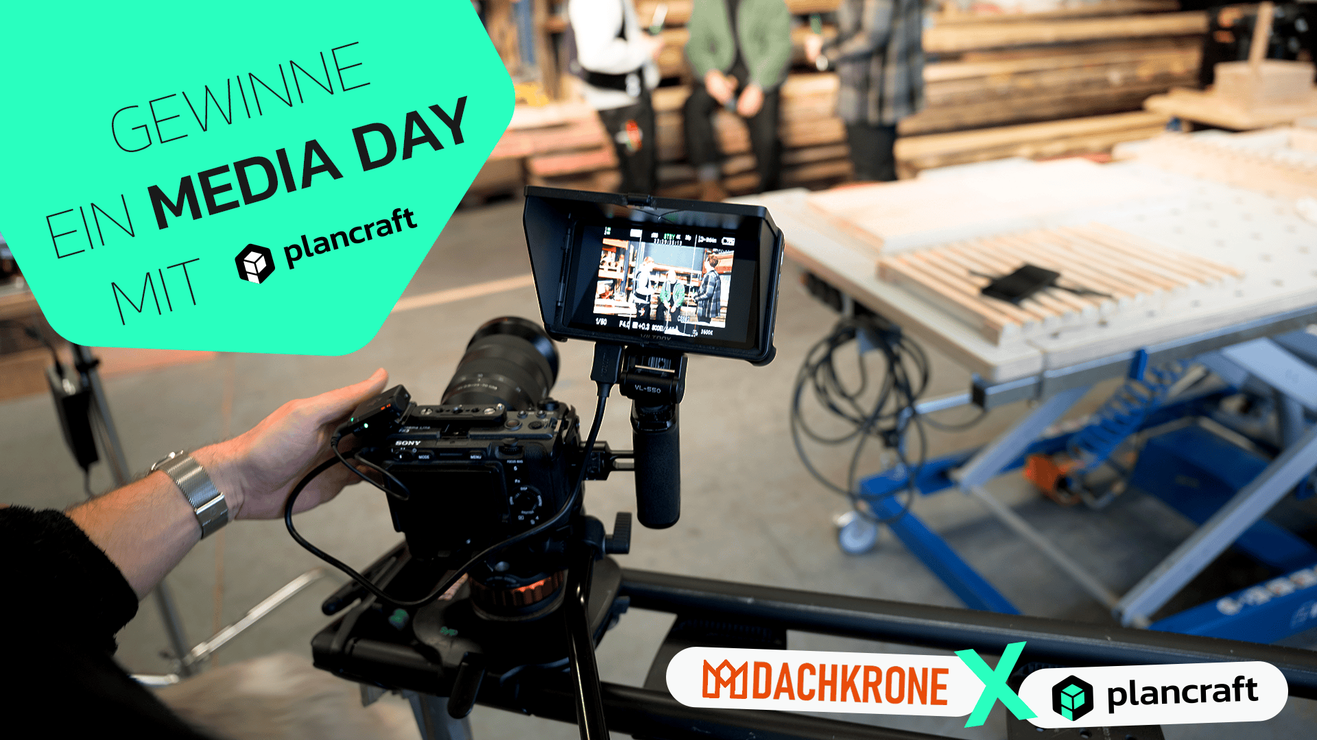 A camera on a slider films people standing at a large wooden table in a workshop. A green text field shows profits from a Media Day with plancraft. Logos for Modachkrone and plancraft appear at the bottom.