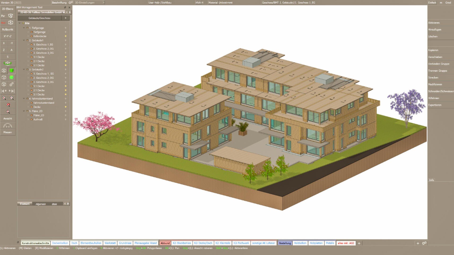 Ein 3D-Architekturmodell eines modernen Apartmentkomplexes mit mehreren Gebäuden, Dachelementen, Bäumen und Grünflächen, angezeigt auf einer Softwareoberfläche mit verschiedenen Symbolleisten und Menüs.