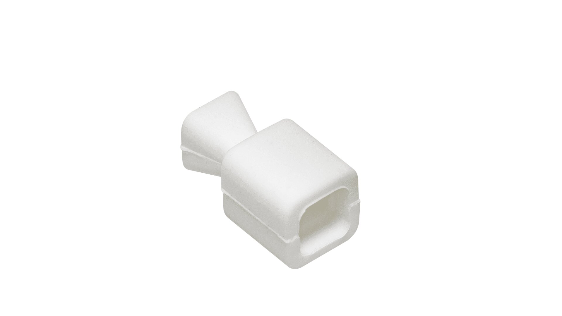 Ein kleiner, weißer Plastikclip mit rechteckiger Form und abgewinkeltem Ende, isoliert auf weißem Hintergrund.