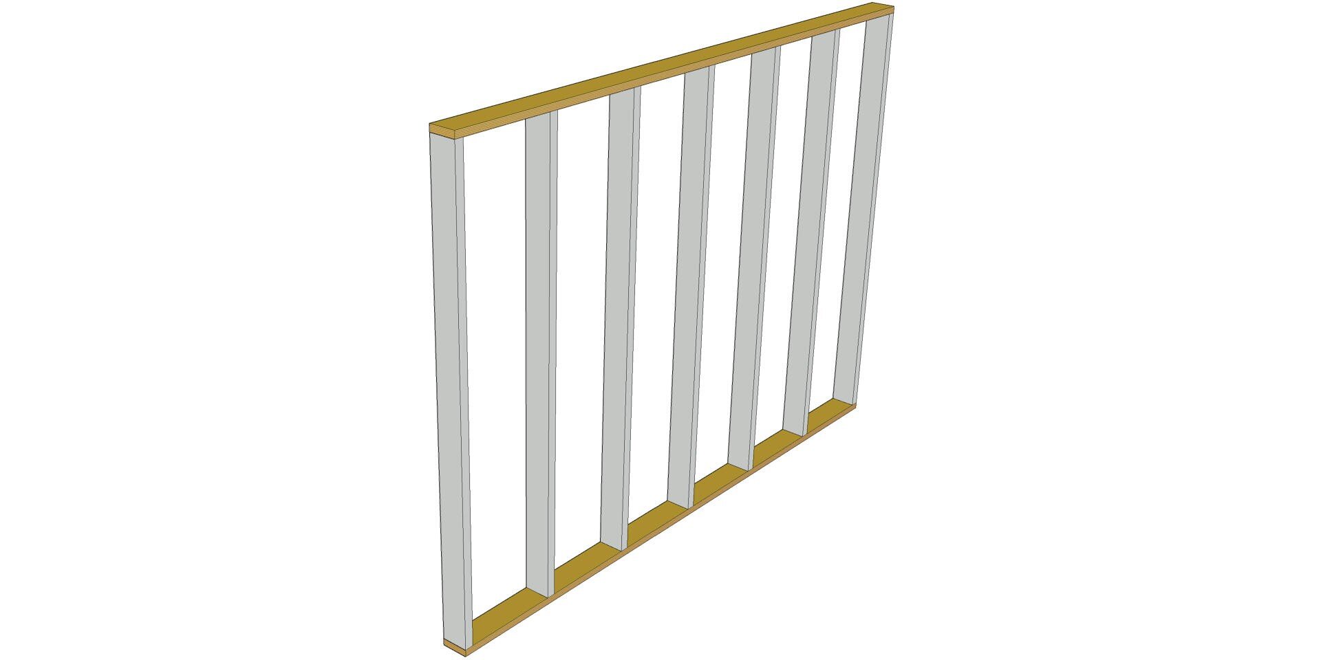 Ein 3D-Diagramm eines einfachen Wandrahmens mit sechs vertikalen weißen Ständern, die gleichmäßig zwischen einer oberen und unteren horizontalen braunen Platte angeordnet sind.