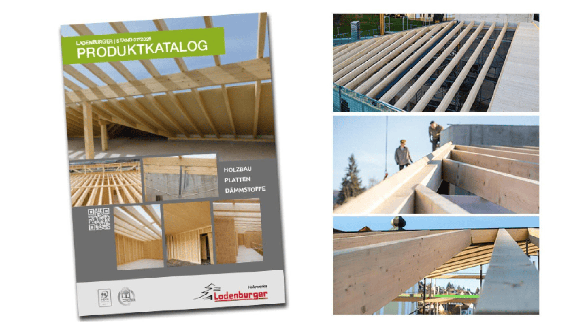 Cover of a product catalog for wood construction by Ladenburger, featuring images of wooden beams, roof trusses, and timber structures in various construction stages.