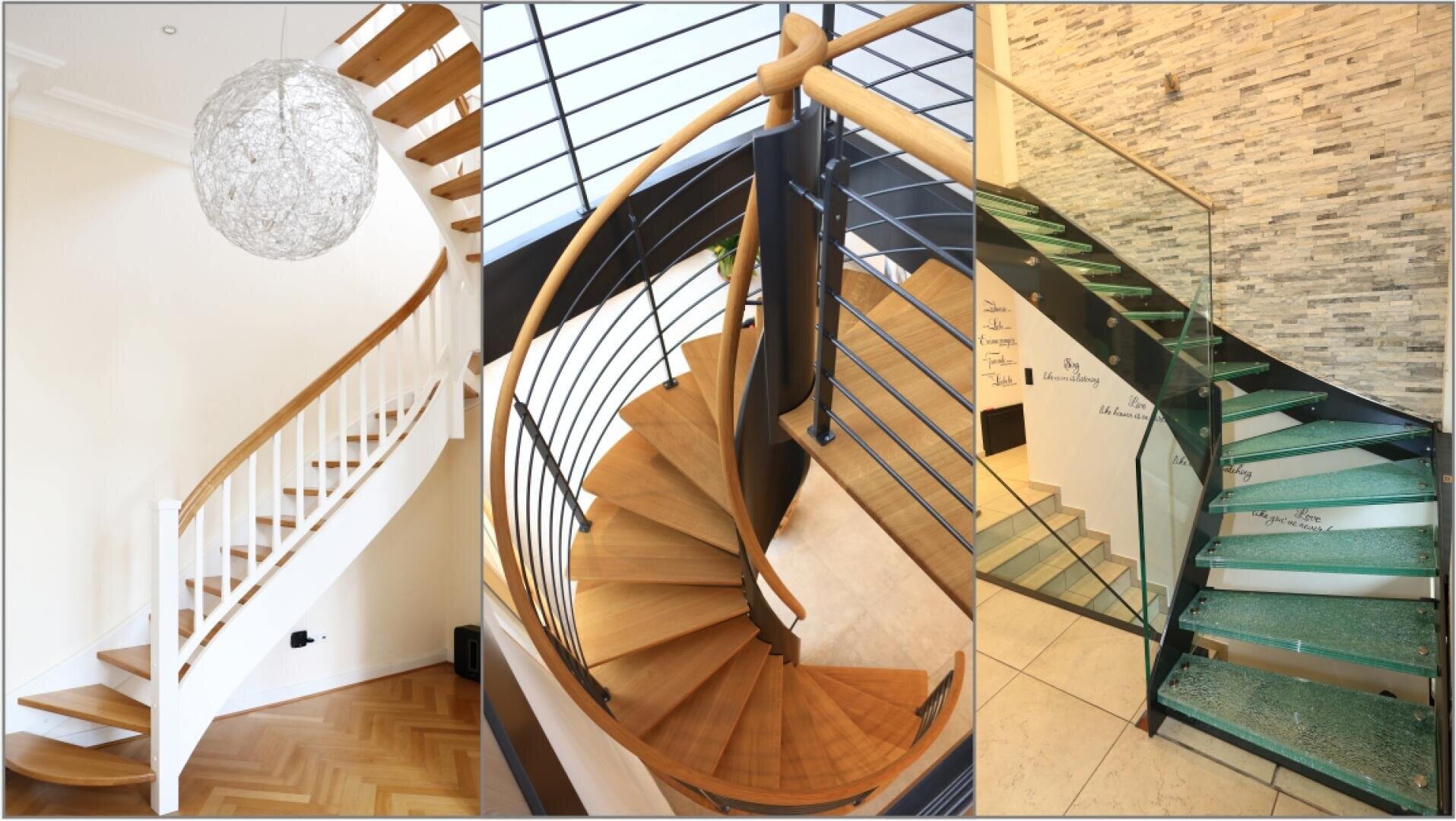 Eine Collage aus drei modernen Treppen: eine hölzerne Wendeltreppe mit weißem Geländer, eine Draufsicht auf eine hölzerne Wendeltreppe mit Metallakzenten und eine Glastreppe mit Glasgeländer und Steinwand.