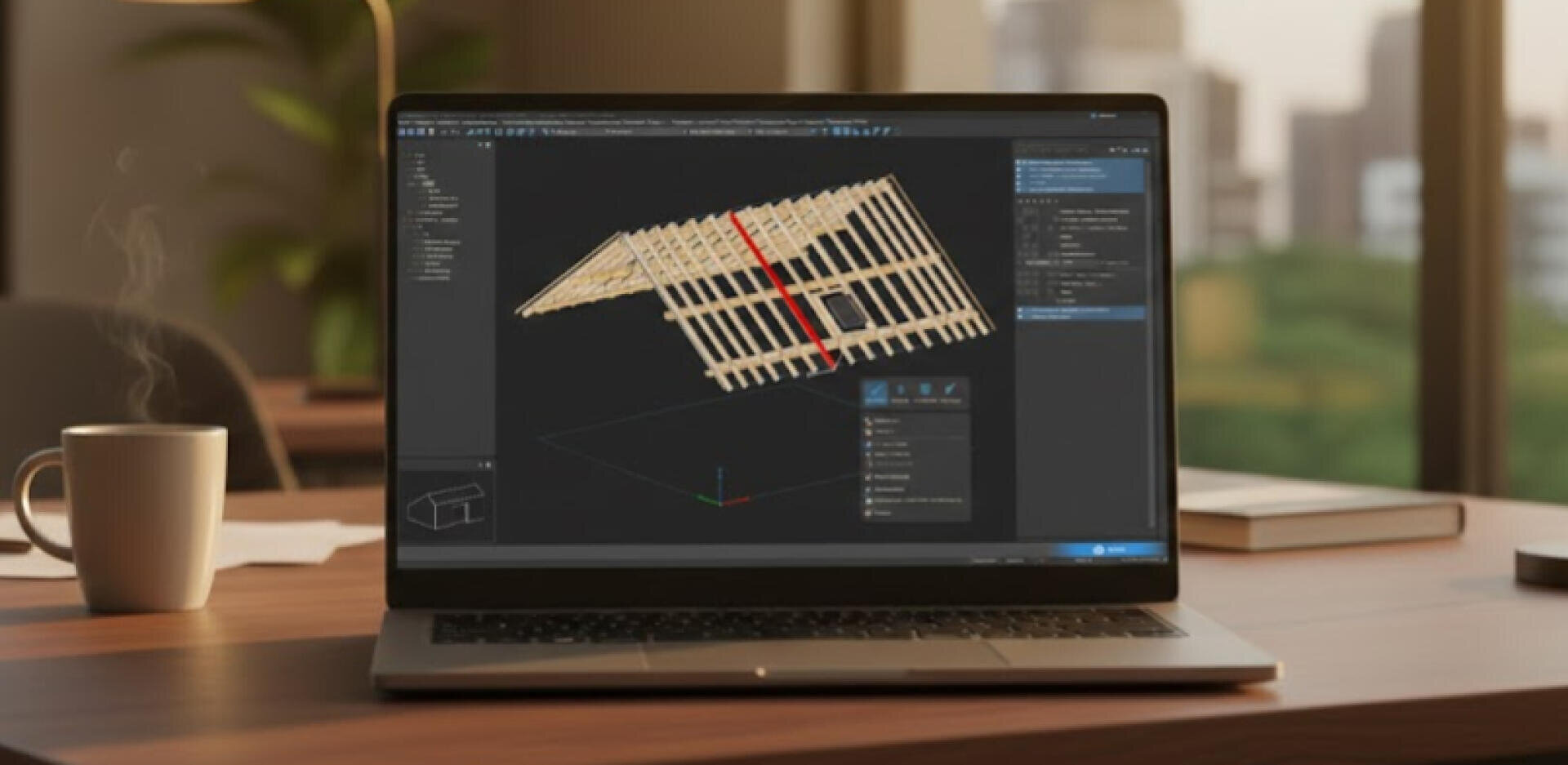 Ein Laptop auf einem Holztisch zeigt auf seinem Bildschirm ein 3D-Architekturmodell einer hölzernen Dachkonstruktion. In der Nähe stehen eine dampfende Tasse, ein Notizblock und ein Stift. Große Fenster zeigen einen unscharfen Außenhintergrund.