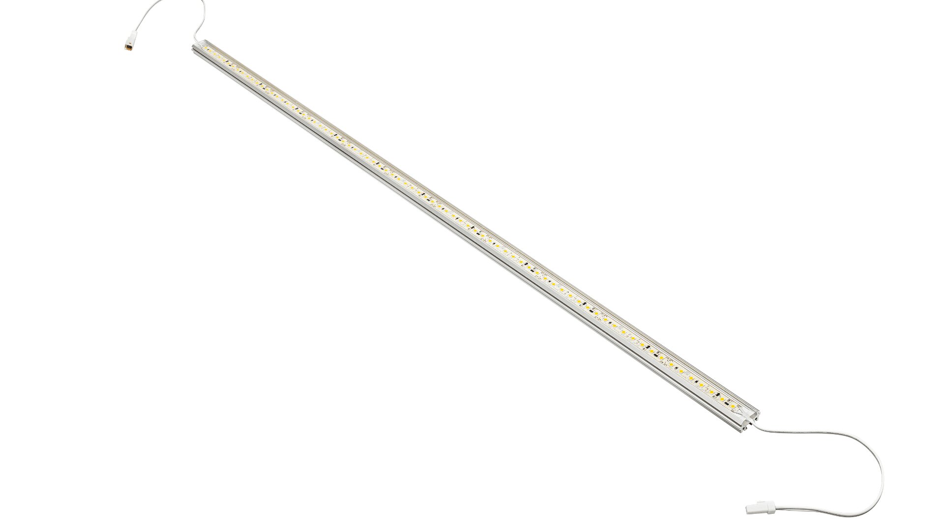 Ein langer, schmaler LED-Lichtstreifen mit silbernem Rahmen, sichtbaren kleinen LED-Glühbirnen und zwei Stromkabeln, die an jedem Ende zum Anschluss herausragen.