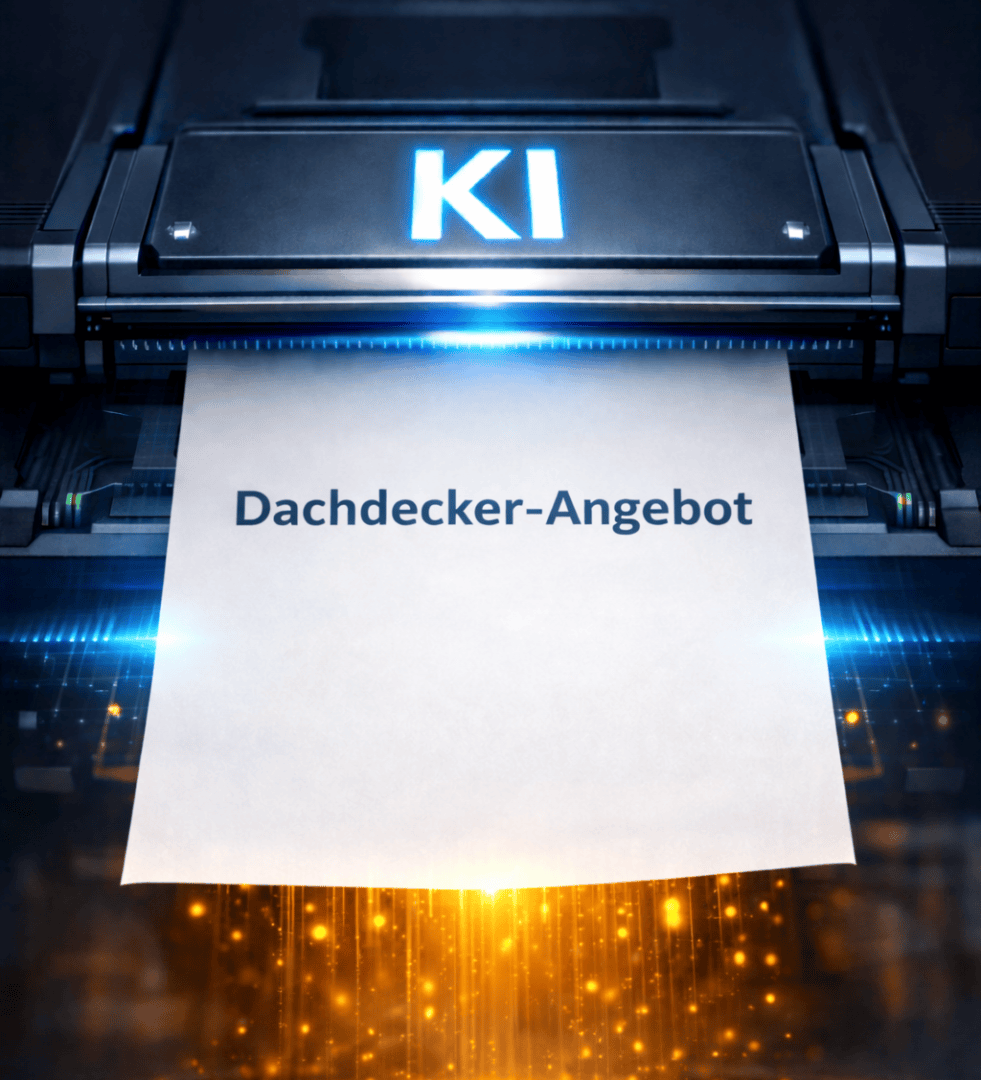 Ein Drucker gibt ein Blatt Papier aus, auf dem der deutsche Satz Dachdecker-Angebot und die Buchstaben KI aufleuchten, die KI-generierte Dachdeckerzitate symbolisieren.