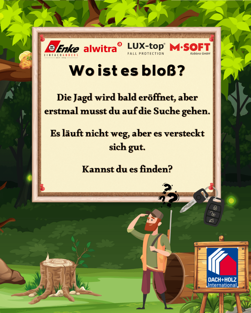 Eine Cartoon-Szene zeigt einen Jäger mit einem Fragezeichen über dem Kopf, der auf ein großes Holzschild in einem Wald blickt. Auf dem Schild steht ein deutscher Text über die Suche nach etwas Verstecktem. Oben und unten befinden sich mehrere Firmenlogos.