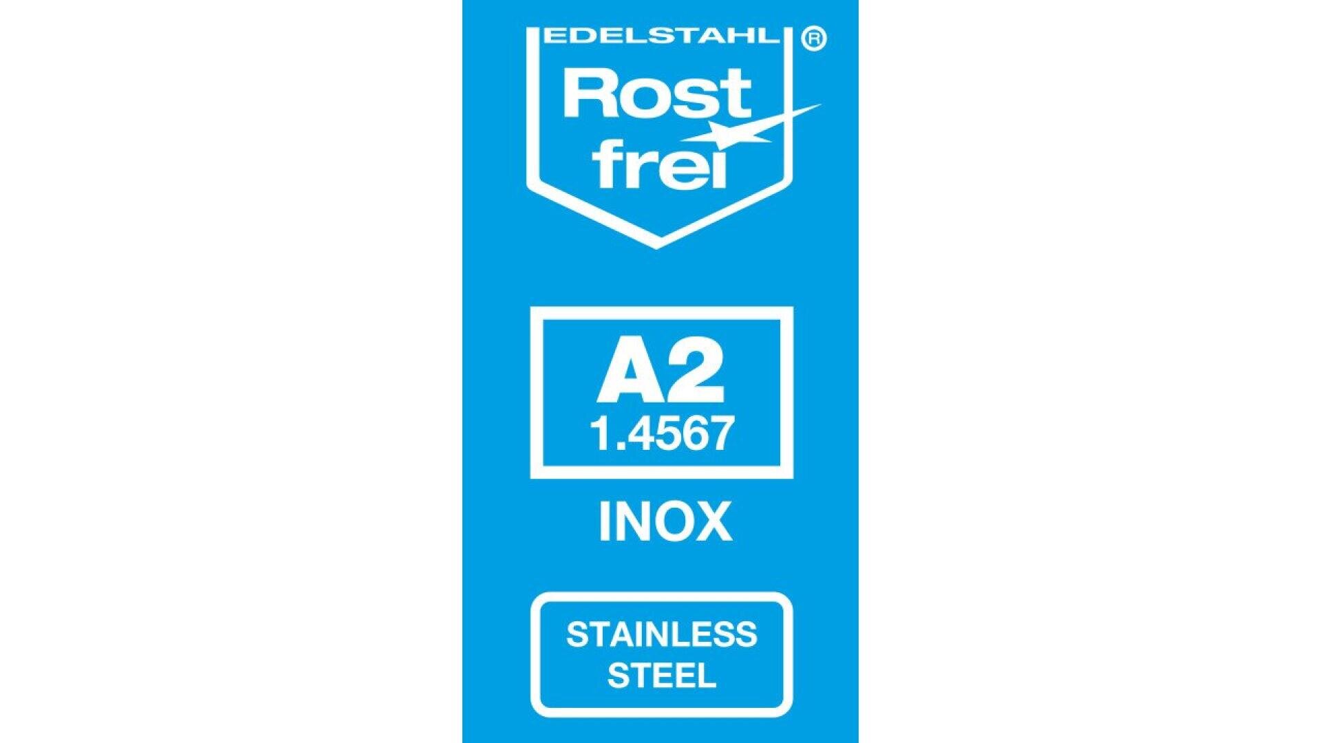 A blue label with white text displays Edelstahl Rostfrei, A2 1.4567, INOX, and Stainless Steel, indicating stainless steel material.