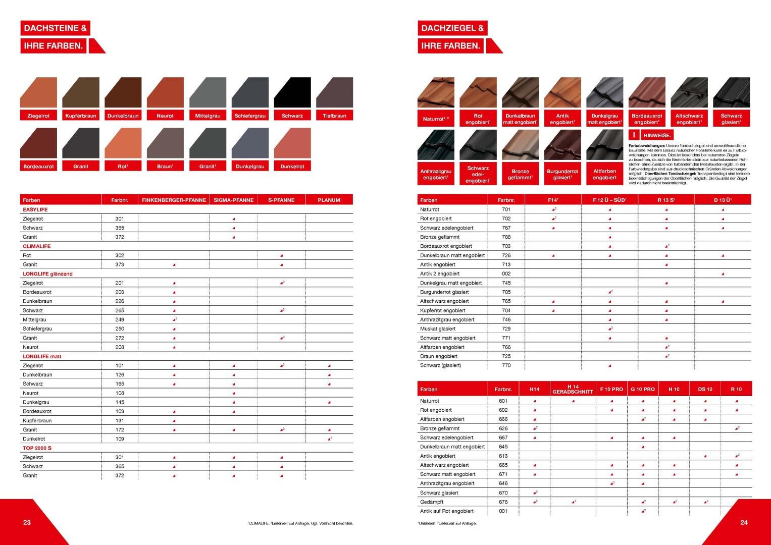 Two pages from a catalog showing roof tile colors and types. The top sections display various tile colors with names, while the bottom sections contain detailed comparison tables of tile features, colors, and product codes.