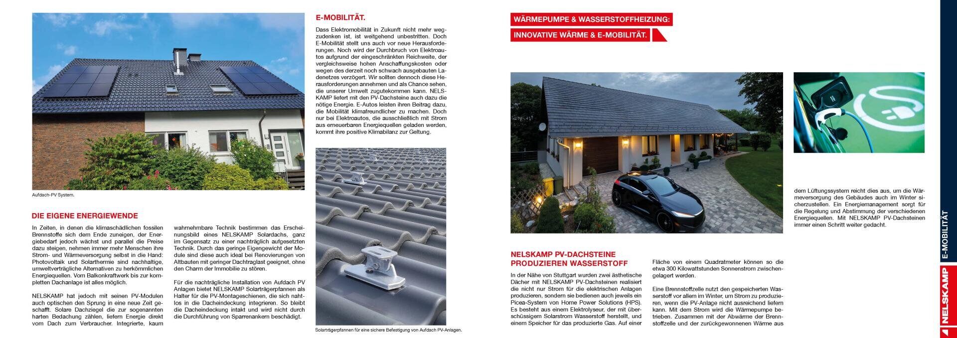 A house with solar panels on the roof, a close-up of solar panels, a car being charged at a charging station and a black car parked near a house and fitted with charging cables illustrate energy and e-mobility concepts.