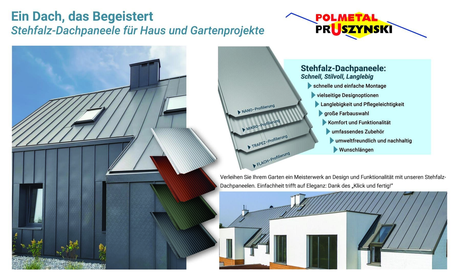 Werbegrafik für POLMETAL Pruszyński, die ein modernes Haus mit grauen Stehfalzdachplatten, eine Nahaufnahme der Plattenstruktur und einen Text zeigt, der die Merkmale und Vorteile des Dachsystems hervorhebt.
