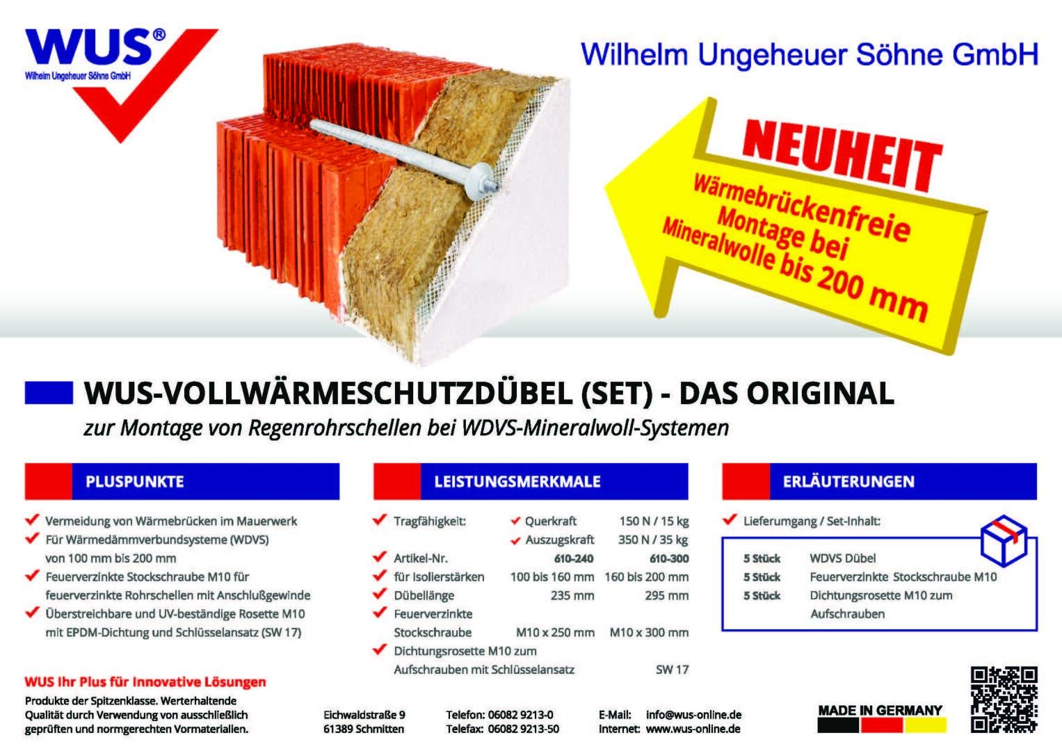 Werbegrafik für den WUS Vollwärmeschutzdübel mit Wandquerschnitt mit Dämmung und roten Dübeln sowie den wichtigsten Eigenschaften, technischen Daten und Anwendungsdetails für die wärmebrückenfreie Montage bis 200 mm Mineralwolle.