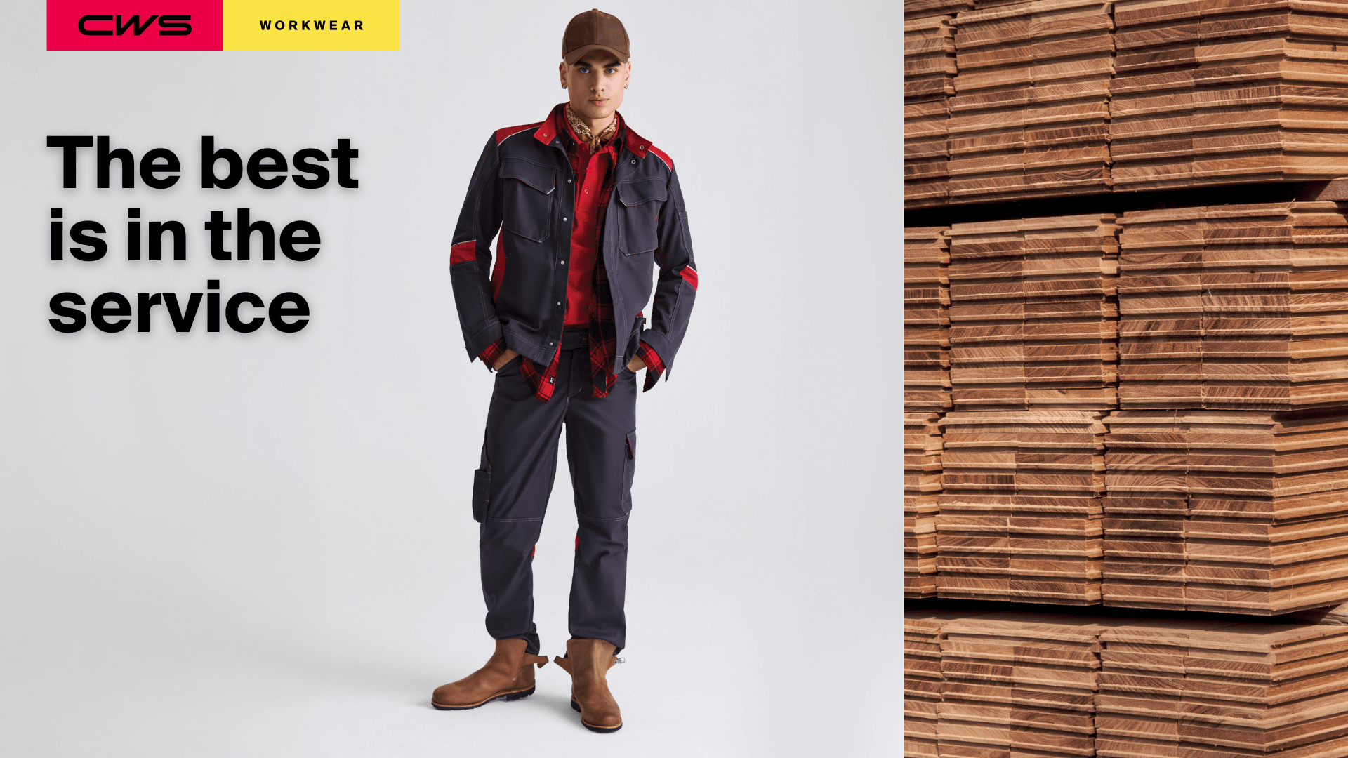 A man in workwear and boots stands next to a large stack of wooden boards. Text reads, “The best is in the service.” CWS Workwear branding appears in the top left corner.