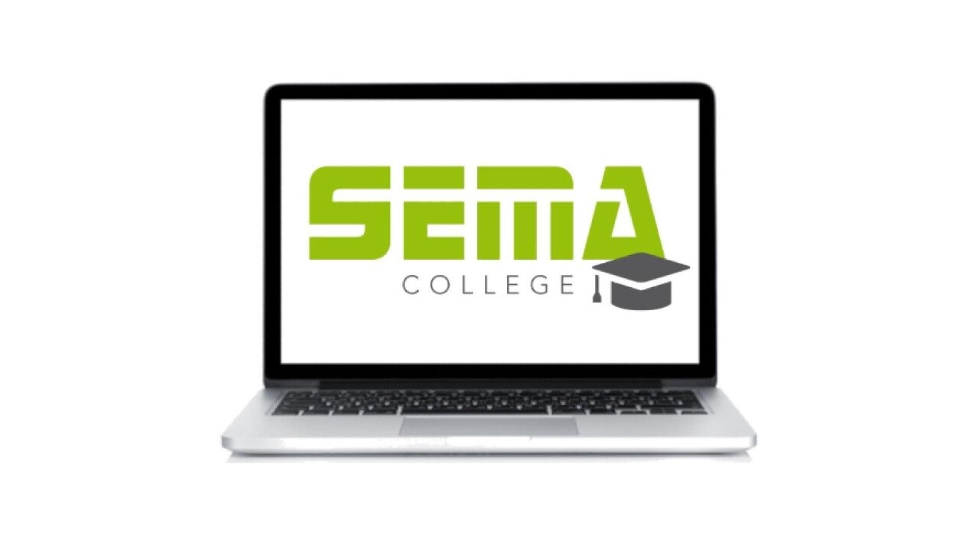 A laptop displaying the SEMA College logo in green and gray, with a graduation cap graphic next to the word College on the screen.