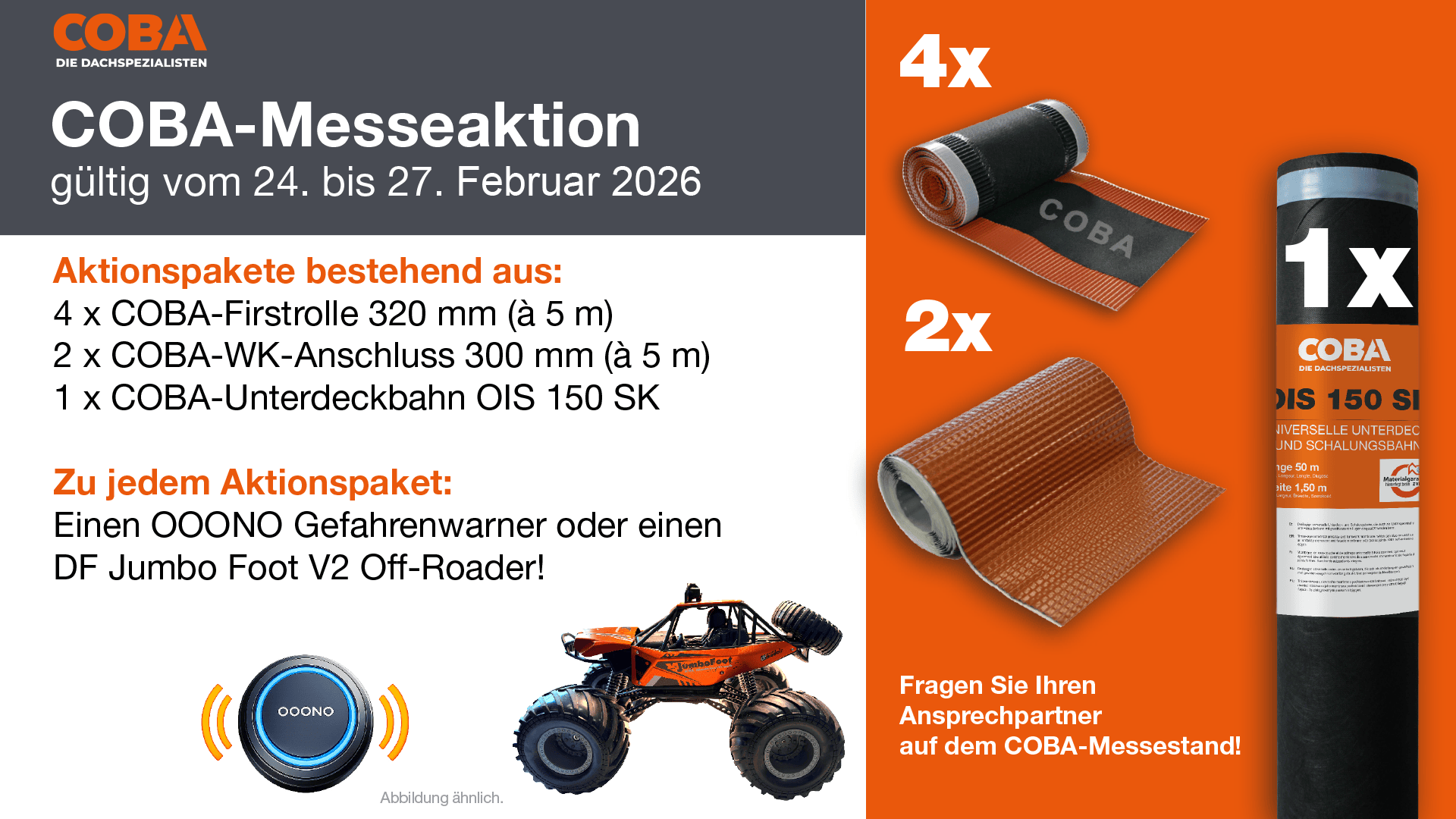 Werbegrafik für die COBA-Messeaktion 2026 mit Dachdeckerprodukten (COBA-Firstrolle, COBA-WK-Anschlussband, OIS 150 SK), einem Muster eines OONOO-Gerätes oder eines RC-Geländewagens und Aktionspaketdetails in deutscher Sprache.
