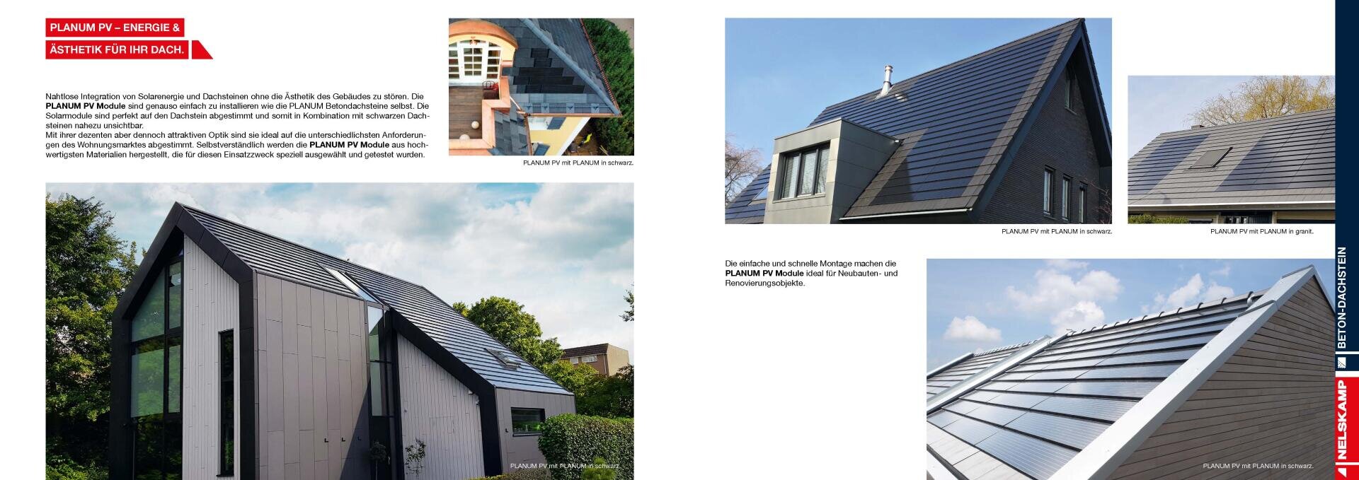 A brochure presents modern houses with elegant PLANUM PV solar roof tiles in various shapes and angles to illustrate their integration into contemporary residential architecture.
