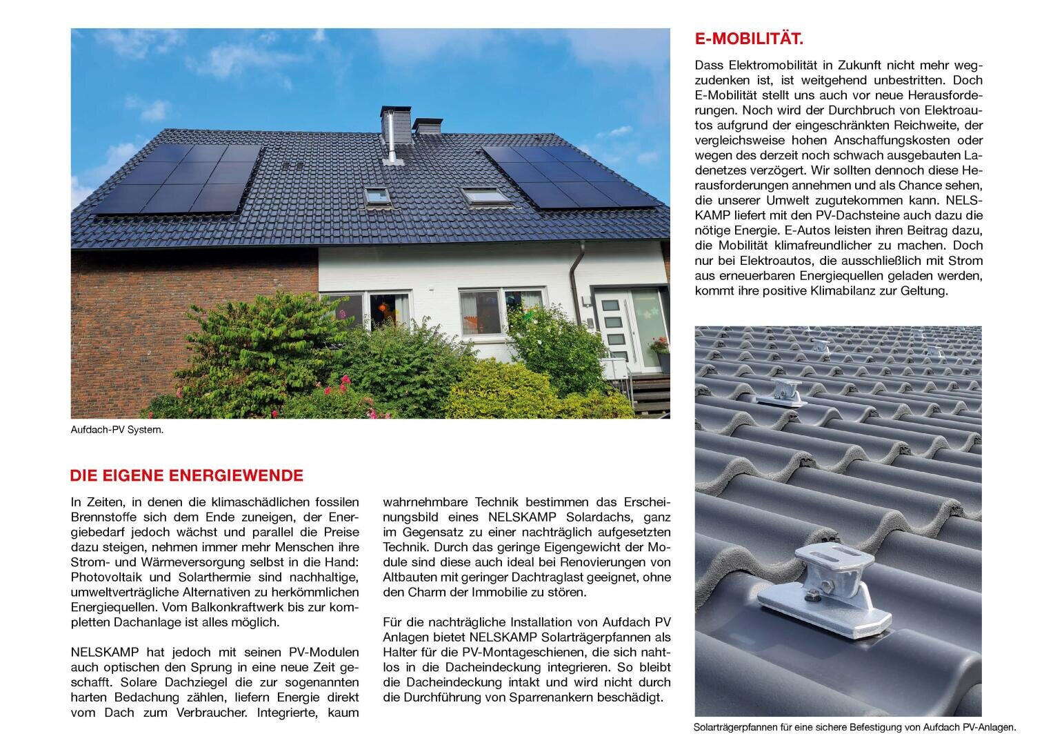 Links ist ein Haus mit Solarmodulen auf dem Dach zu sehen, rechts eine Nahaufnahme einer Befestigungsklammer für Solarmodule auf einem Ziegeldach. Die Textabschnitte befassen sich mit E-Mobilität und Energiewende.