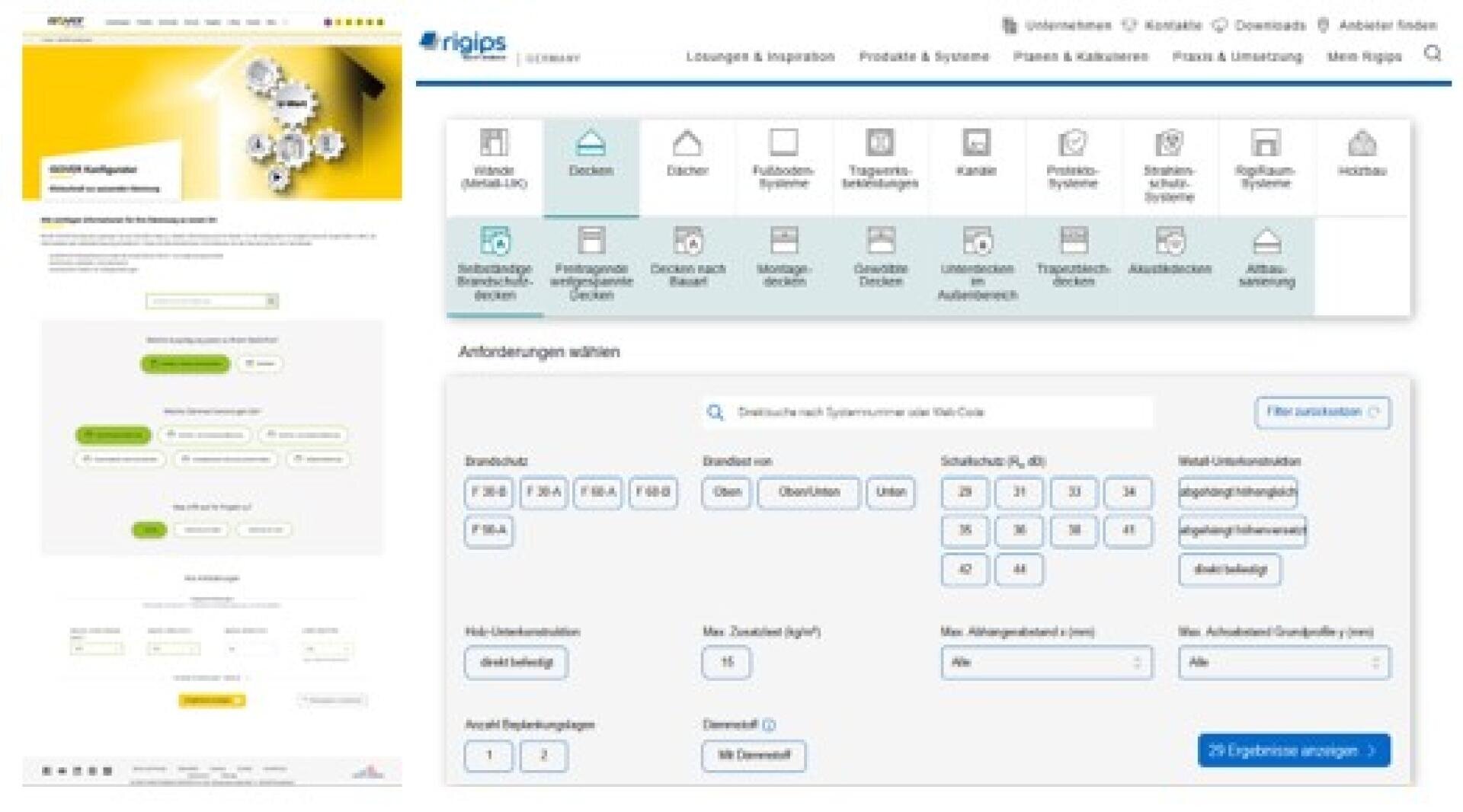 Screenshot einer Rigips-Webseite, die ein Produktauswahltool mit verschiedenen Filtermöglichkeiten für Baumaterialien anzeigt. Der Bildschirm zeigt Registerkarten und eine Liste von auswählbaren Gebäudekategorien und Anwendungsanforderungen.