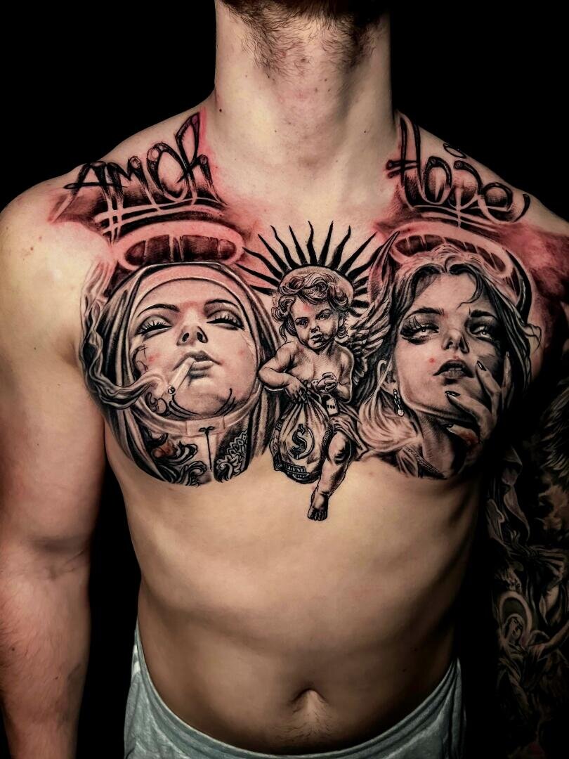 A man's chest is tattooed with a cherub in the center holding money, flanked by two women with halos, dramatic shading and the words Amor and Paz above each figure in bold letters.