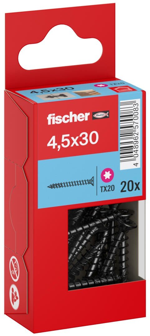 Eine rote Schachtel mit Fischer-Schrauben, Größe 4,5x30 mm, mit 20 Stück. Die Schachtel hat ein durchsichtiges Fenster, in dem schwarze Schrauben zu sehen sind, und auf der Vorderseite sind Produktdetails aufgedruckt.