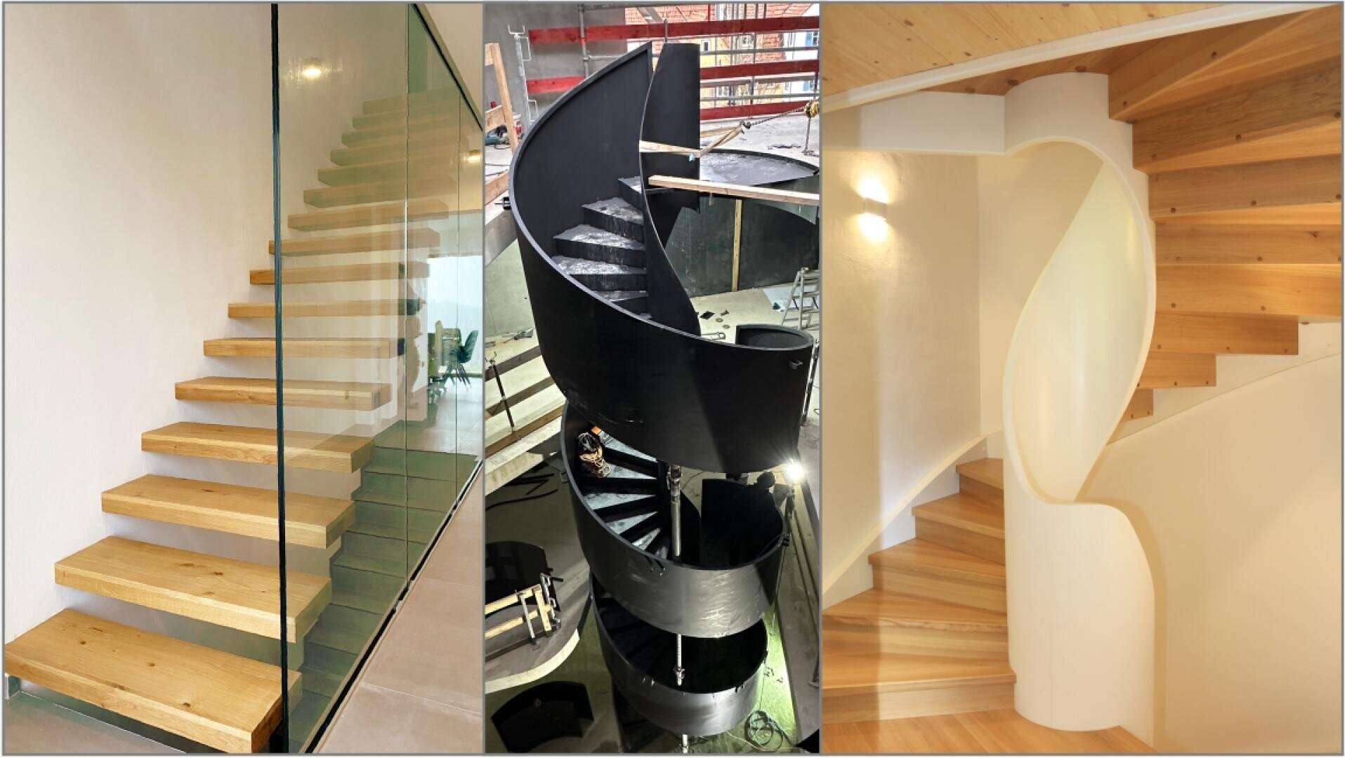 Eine Collage aus drei Treppen: eine schwebende Holztreppe mit Glasgeländer, eine schwarze Metallspindeltreppe im Bau und eine geschwungene Holztreppe mit weißen Wänden und warmer Beleuchtung.