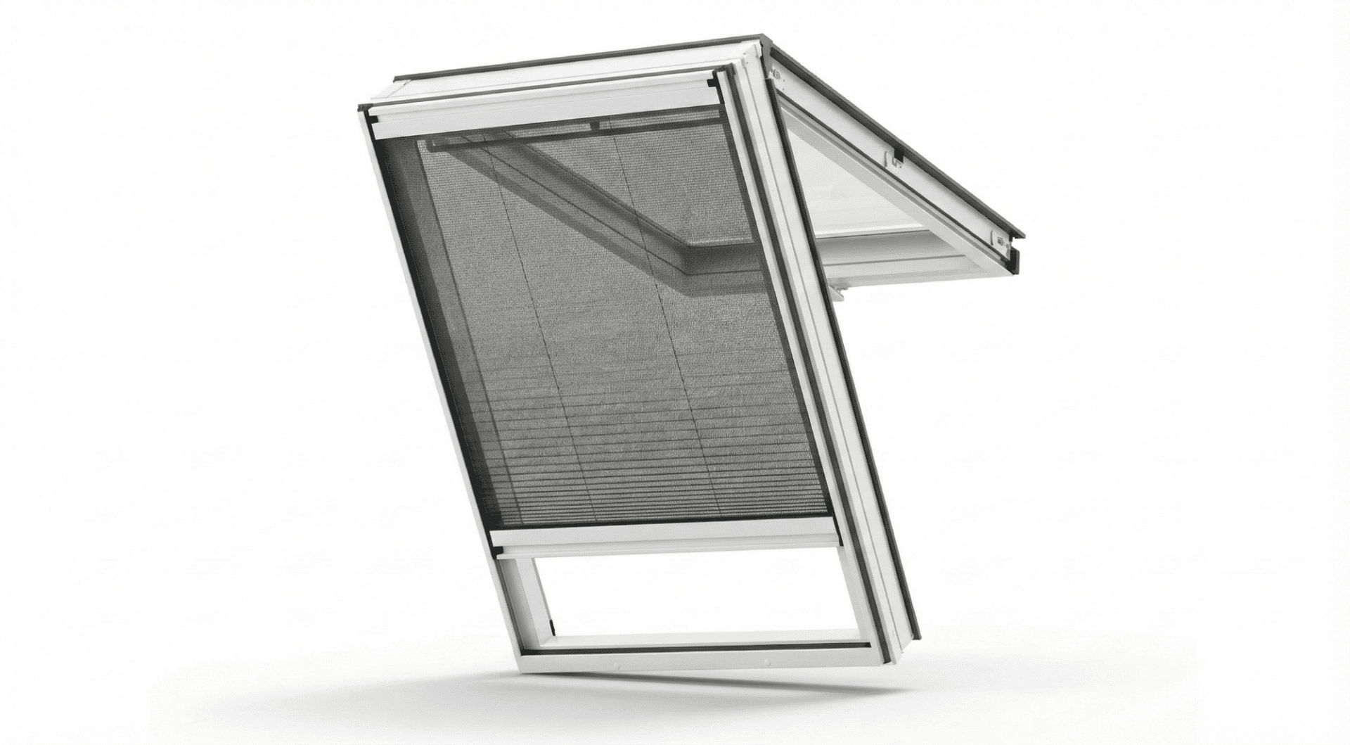 A modern fanlight window with a partially extended black insect screen, shown at an angle against a white background. The window frame appears to be made of metal or aluminum.