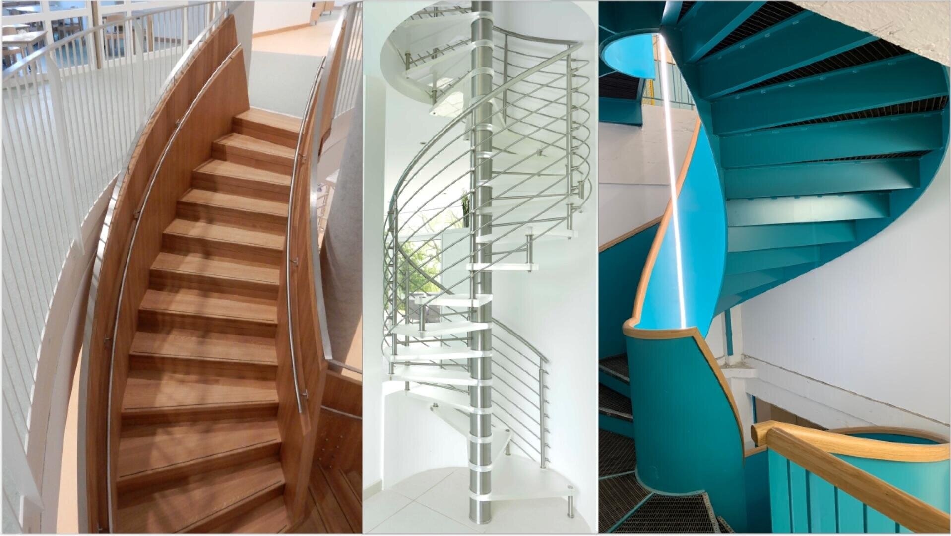 Eine Collage aus drei verschiedenen Spindeltreppen: eine Holztreppe mit geschwungenem Geländer, eine moderne Metallspindeltreppe und eine leuchtend türkisfarbene Spindeltreppe mit Holz- und Metallgeländer.