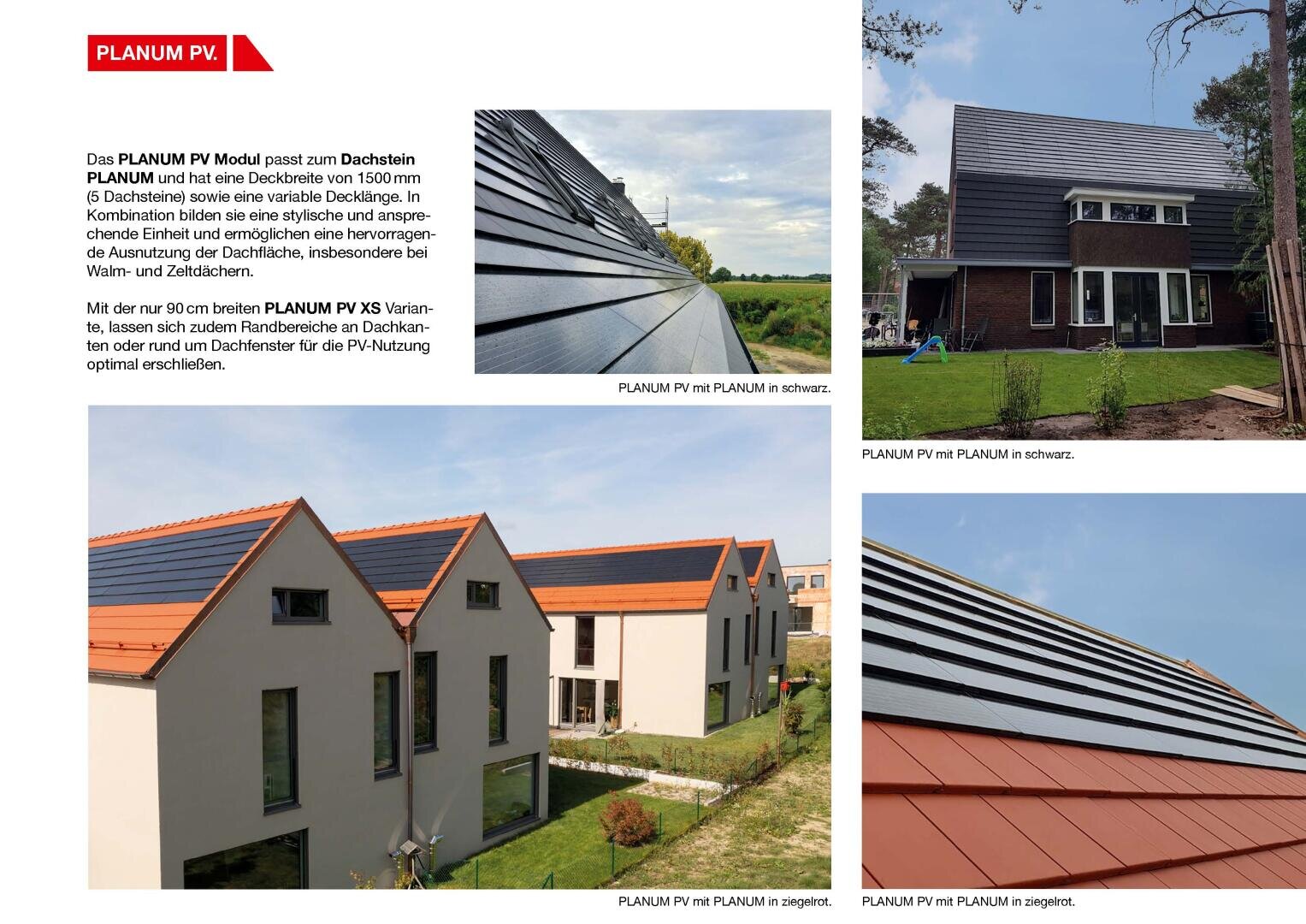 Eine deutsche Broschüre zeigt vier Bilder von modernen Häusern mit PLENUM PV-Solardachmodulen in Schwarz und Ziegelrot, sowohl aus der Nähe als auch aus der Ferne, zusammen mit beschreibenden Texten über die Eigenschaften des PV-Systems.