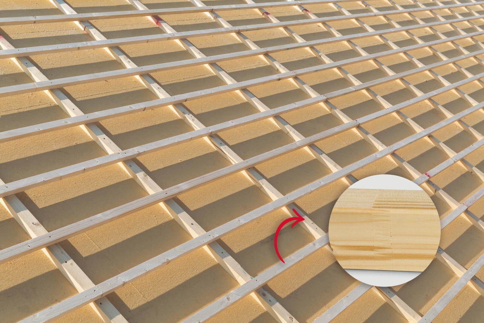 A close-up of a roof under construction with evenly distributed wooden slats. An inset shows a detailed view of the wood structure and grain, highlighted by a red arrow.