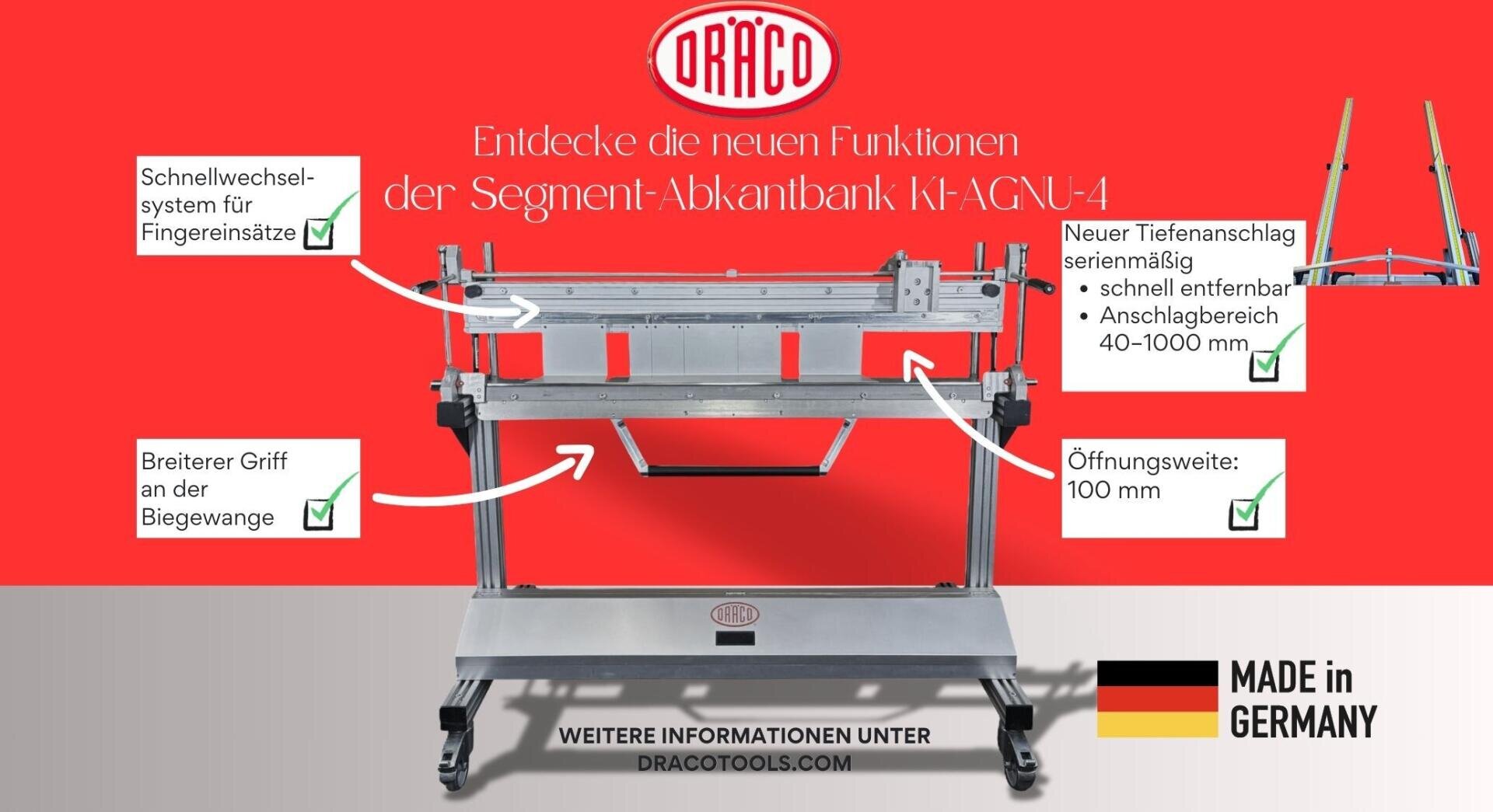 A metal bending machine with German-labeled features such as quick-change system, wider handle, adjustable stop and 100 mm opening width, on a red background with Made in Germany and DRACO logos.