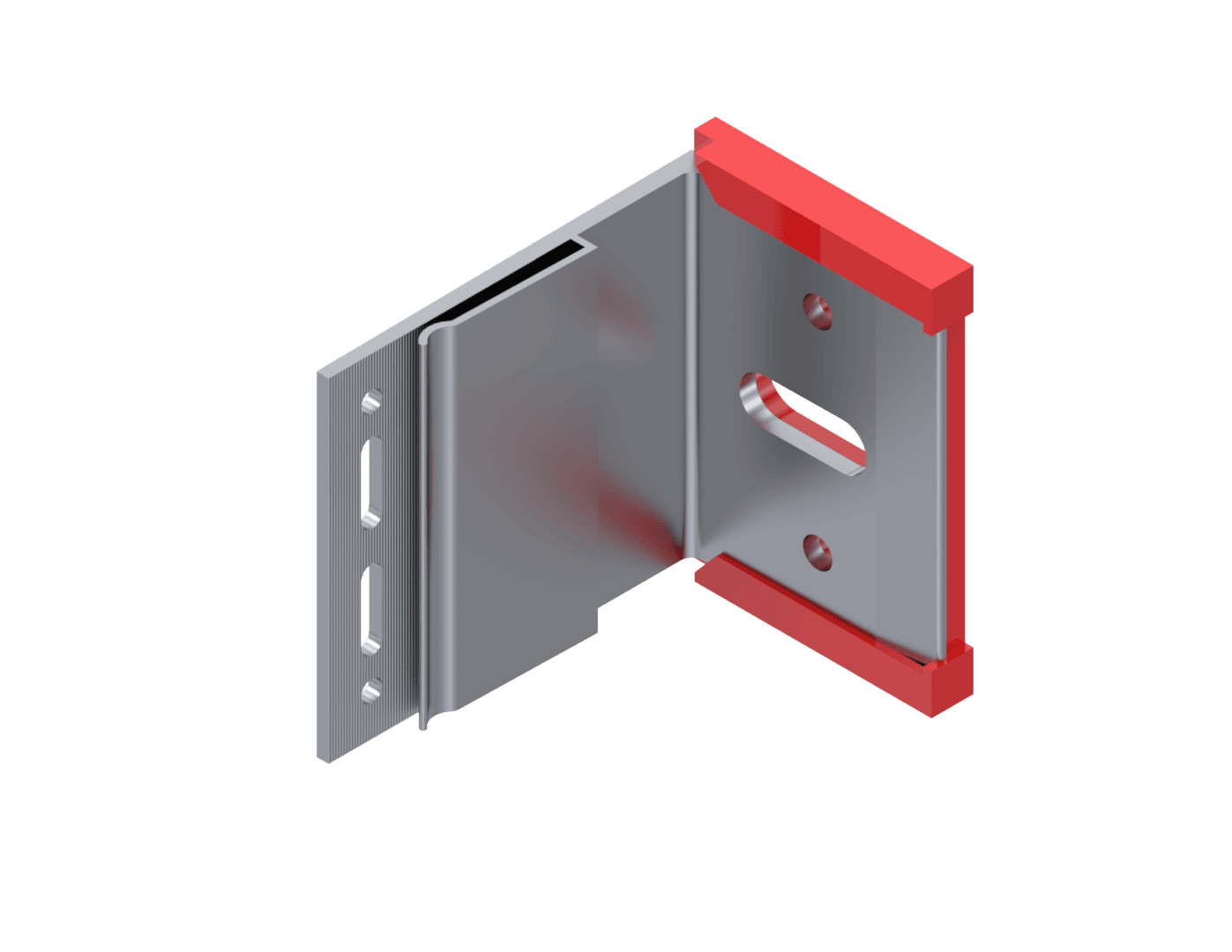 Ein 3D-gezeichneter Metall-L-Bügel mit rotem Gummi- oder Kunststoffkantenschutz an zwei Seiten, Schlitz- und Rundlöchern für die Befestigung und einem gefalteten Design für die strukturelle Unterstützung.