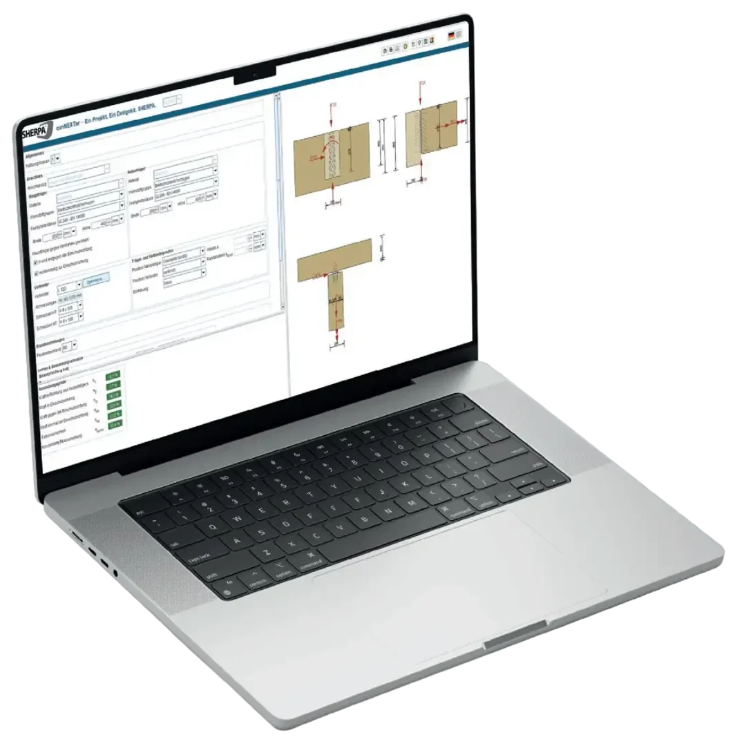 A laptop displaying design software with a data entry form on the left and technical drawings of metal parts on the right.