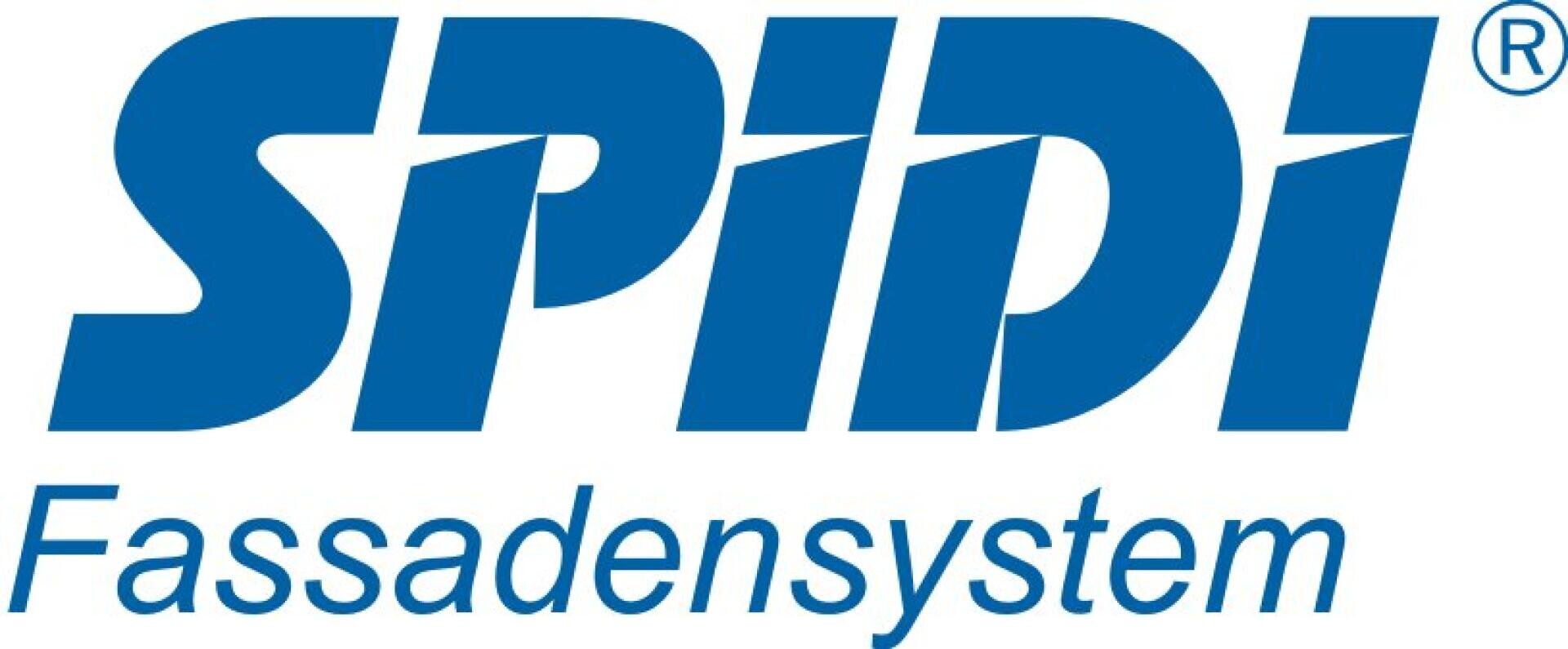Logo mit dem Wort SPIDI in fetten blauen Buchstaben über dem Wort Fassadensystem in einer kleineren blauen Schrift, alles auf weißem Hintergrund. Ein eingetragenes Markensymbol erscheint oben rechts neben SPIDI.