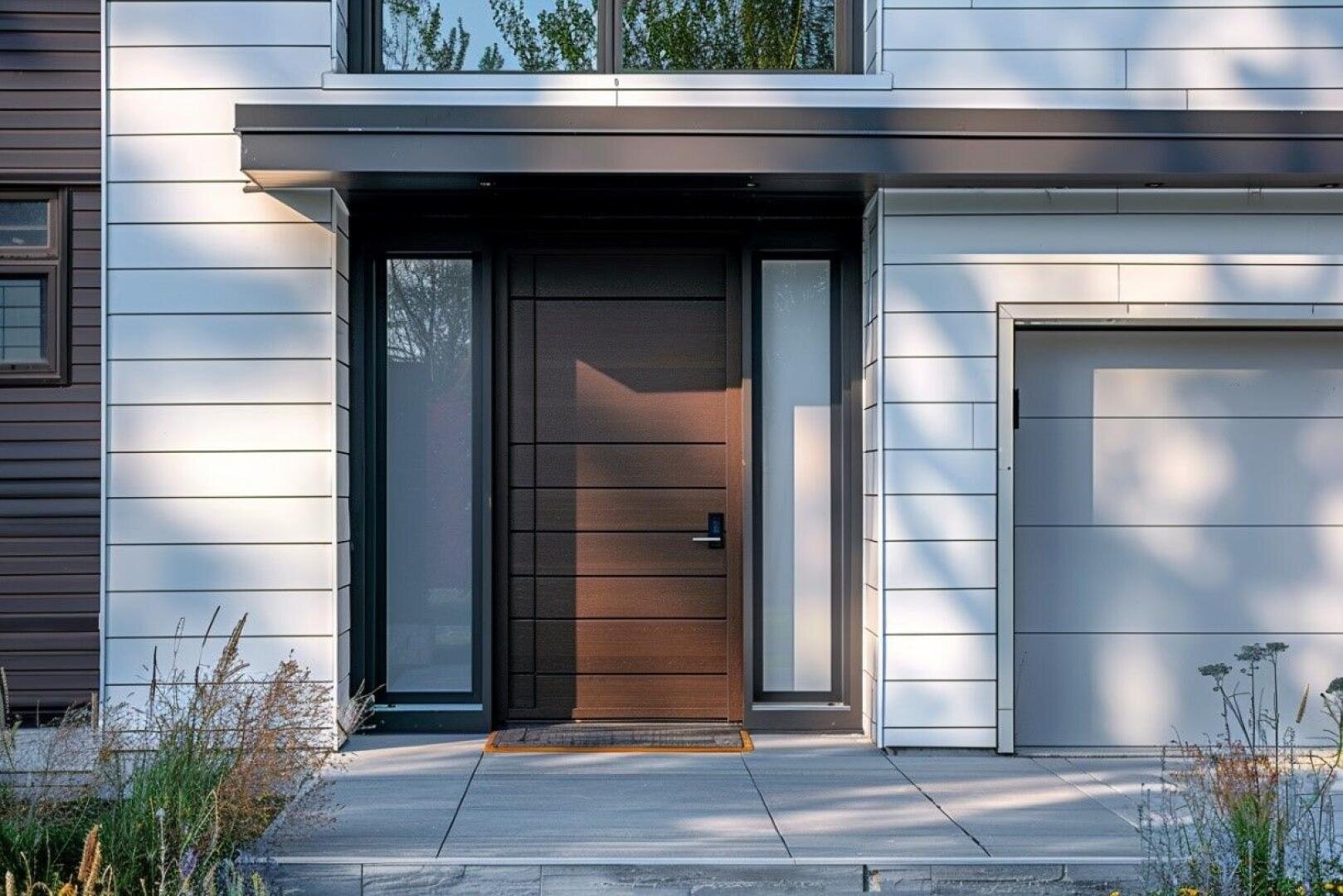 Moderner Hauseingang mit einer dunklen Holztür, großen vertikalen Glasscheiben auf jeder Seite und weißer Verkleidung. Ein betonierter Gehweg führt zur Tür, mit Pflanzen und Gräsern auf beiden Seiten. Auf der rechten Seite ist eine Garage zu sehen.