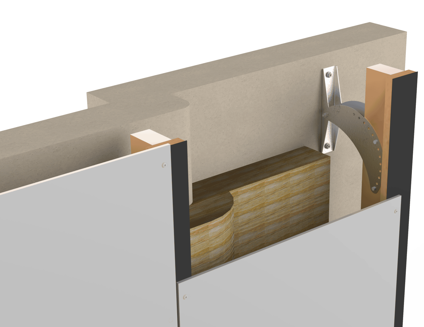 Ein Schnitt durch eine Wandmontage zeigt die Isolierung, den Metallrahmen, die Holzständer, die Trockenbauplatten und eine Metallhalterung, die den Holzrahmen mit der oberen Wand verbindet.