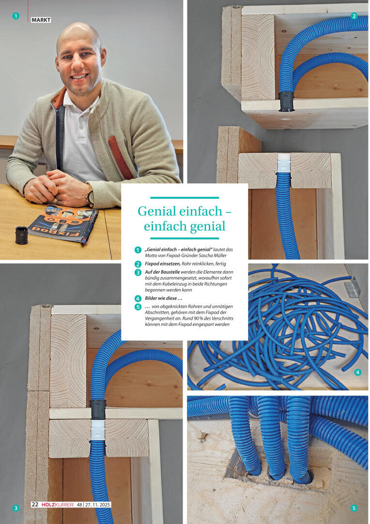 A man sits at a table with building materials, while other images show close-ups of blue, flexible electrical cables, neatly and intricately laid, demonstrating a construction technique.