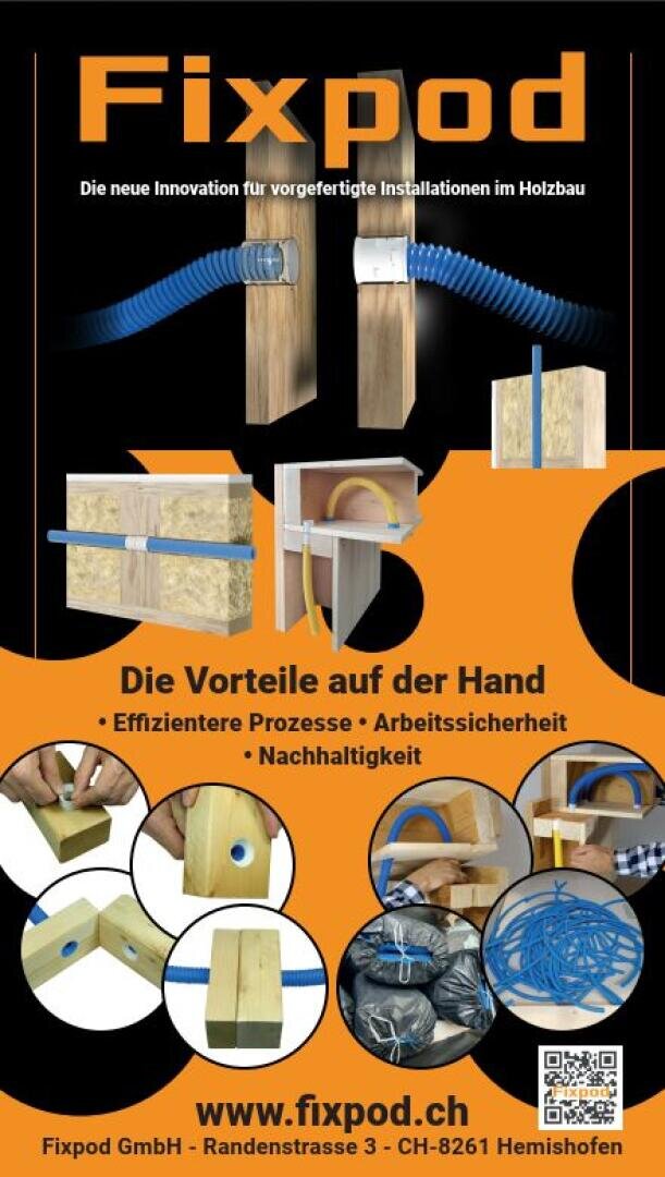 Promotional poster for Fixpod, featuring images of blue electrical conduit installed in wood structures, highlighting efficient processes, workplace safety, and sustainability. The website and company address are displayed at the bottom.