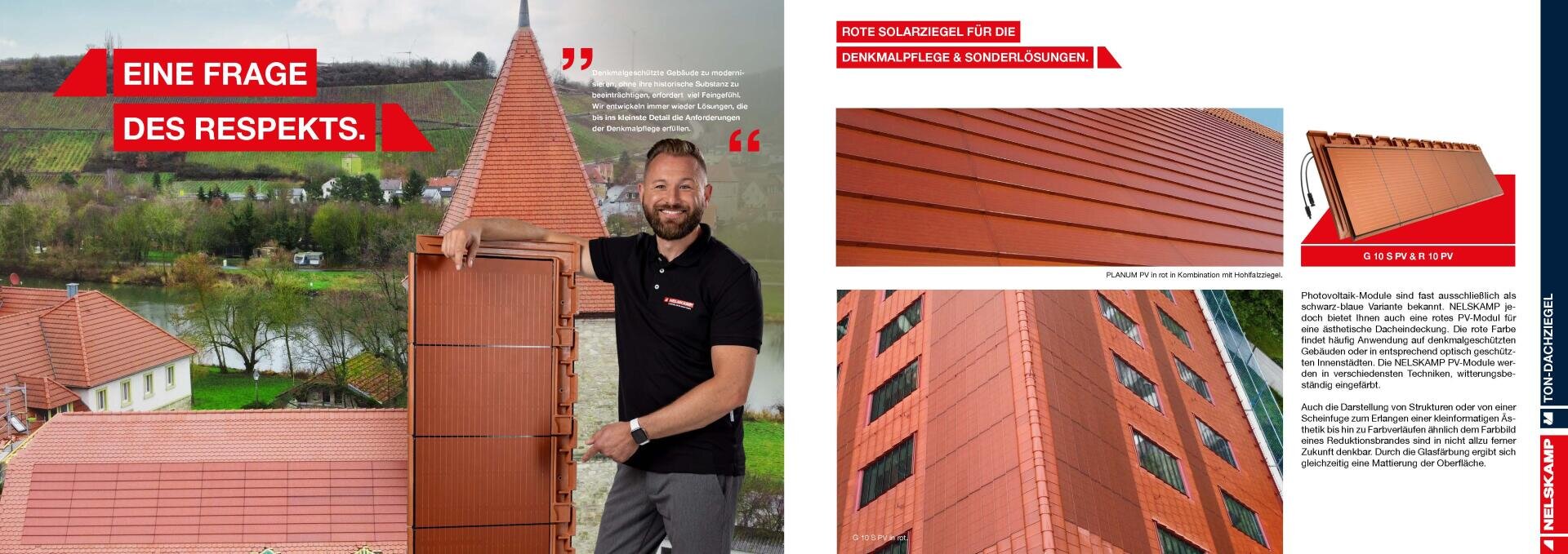 A smiling man in a black polo stands on a roof holding a large red roof tile. The background shows roofs and a rural landscape. German text and product details are displayed on the right-hand side.