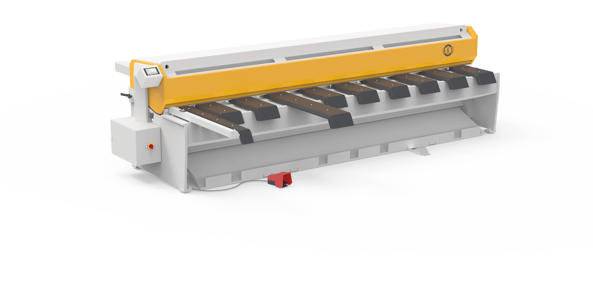 Eine große industrielle Metallschere mit einem gelb-grauen Gehäuse, schwarzen Arbeitsflächen, einem seitlichen Bedienfeld und roten Fußpedalen vor einem schlichten weißen Hintergrund.