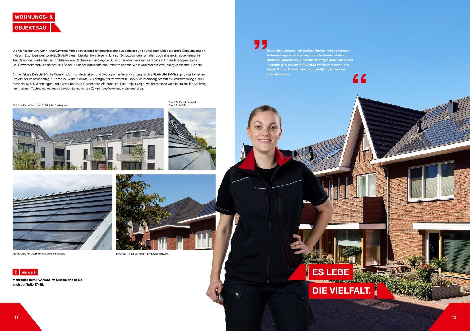 A woman in a black and red uniform stands smiling in front of modern houses with integrated solar panels on their roofs. Smaller images show close-ups of the solar panels on different homes.