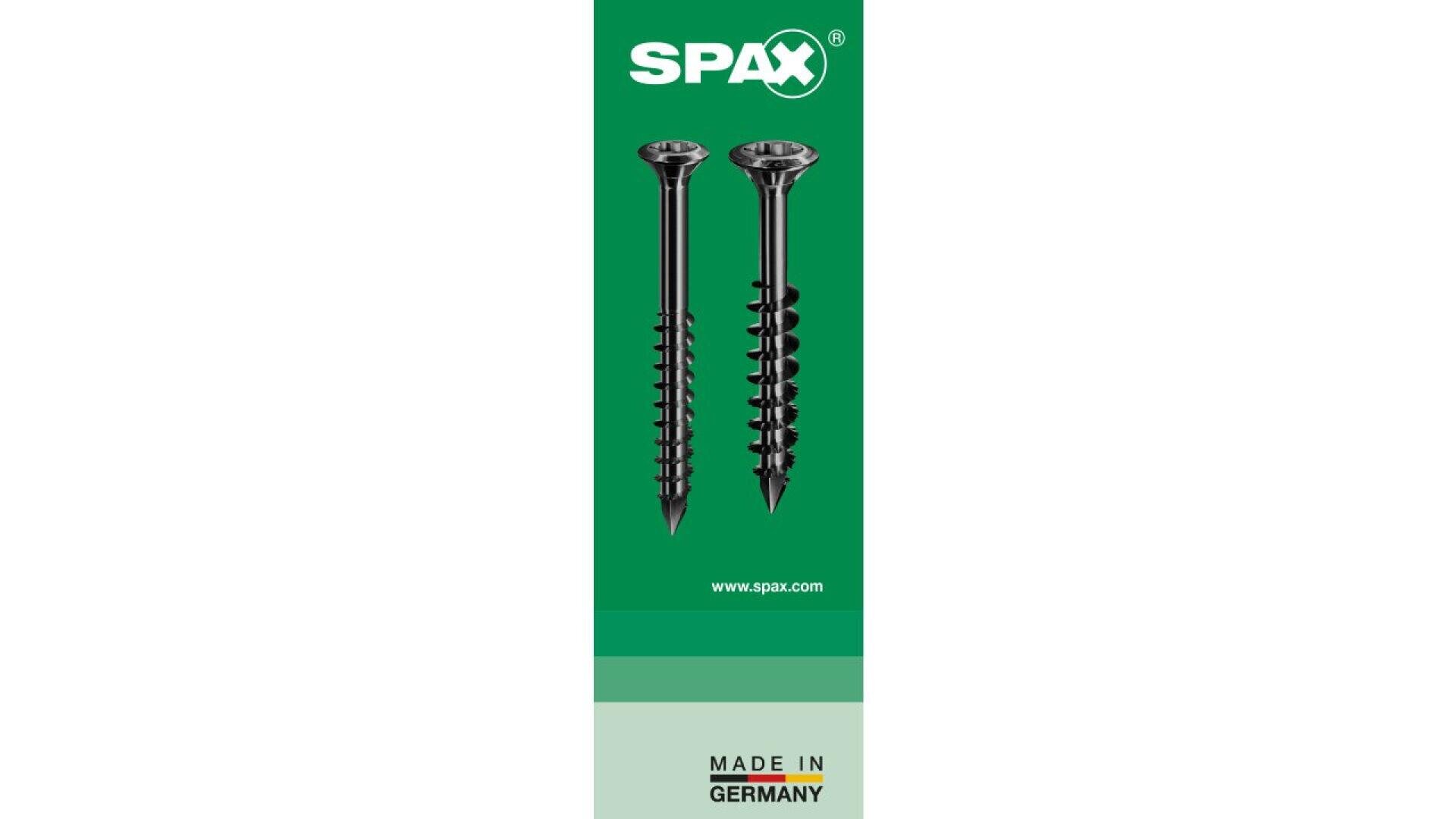 Two black screws are displayed vertically side by side on a green background with the SPAX logo above them. The text MADE IN GERMANY appears at the bottom.